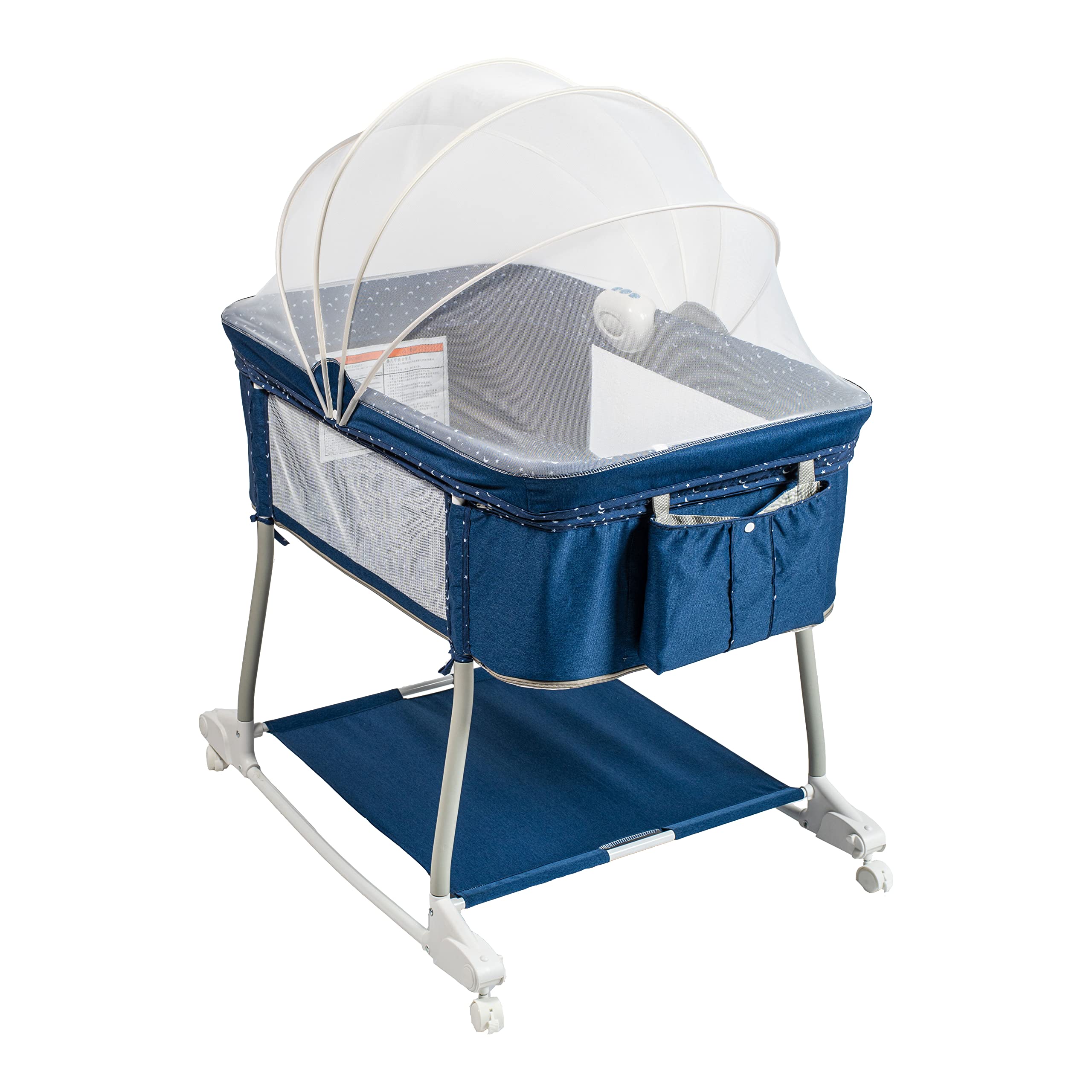 Portable 3-in-1 Baby Bassinet on Wheels - Adjustable Bedside Sleeper, Rocking Crib & Playard with Breathable Mesh, Detachable Mosquito Net, Vibration Music Box & Night Light (Navy Blue) - Perfect for Nursery, Bedroom & Travel Use