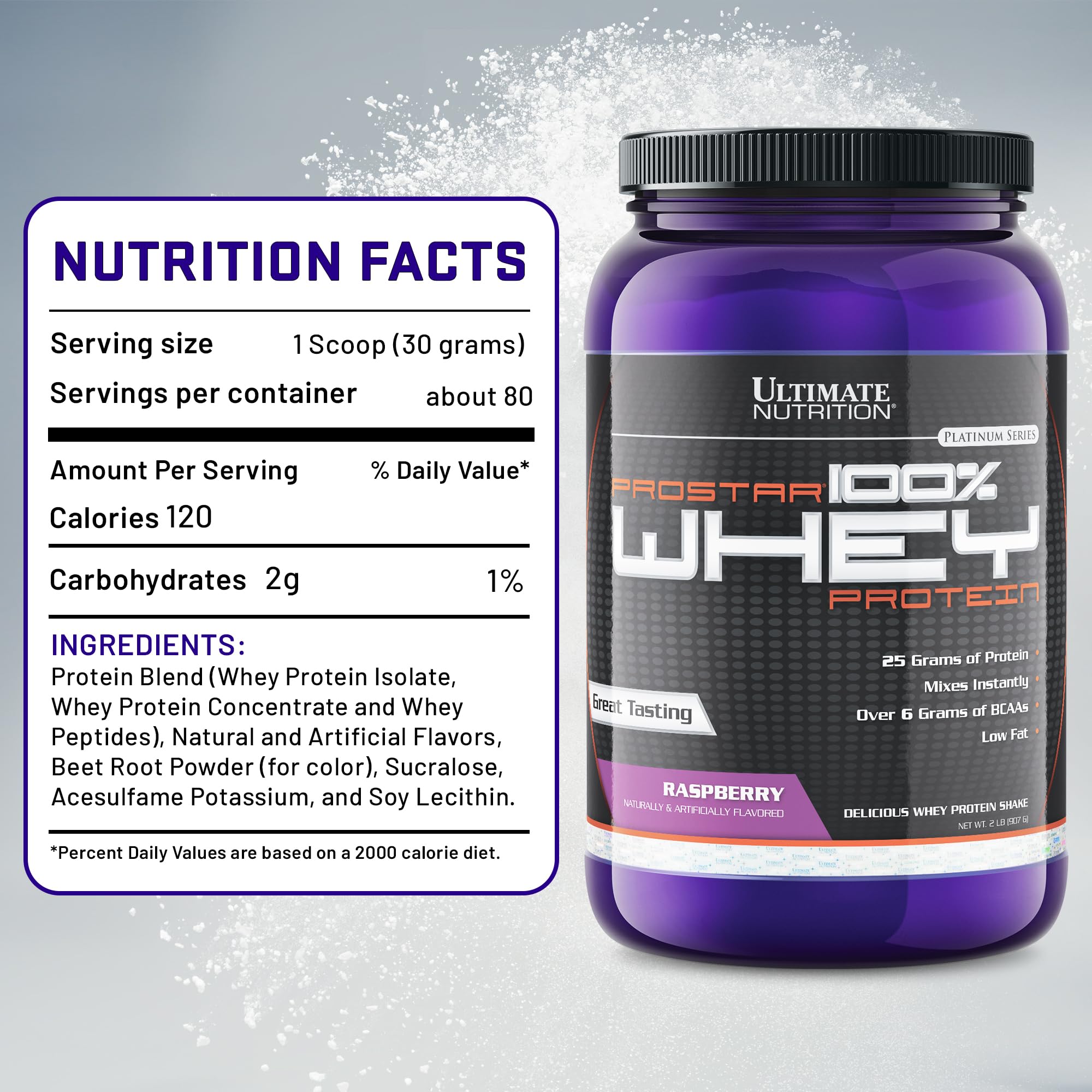 Ultimate Nutrition Prostar Whey Protein Isolate Powder - 2 lbs, Raspberry Flavor | Low Carb, High Protein Shake for Muscle Building & Recovery | Keto Friendly, Low Sodium, Low Fat | Perfect for Post-Workout & Weight Management