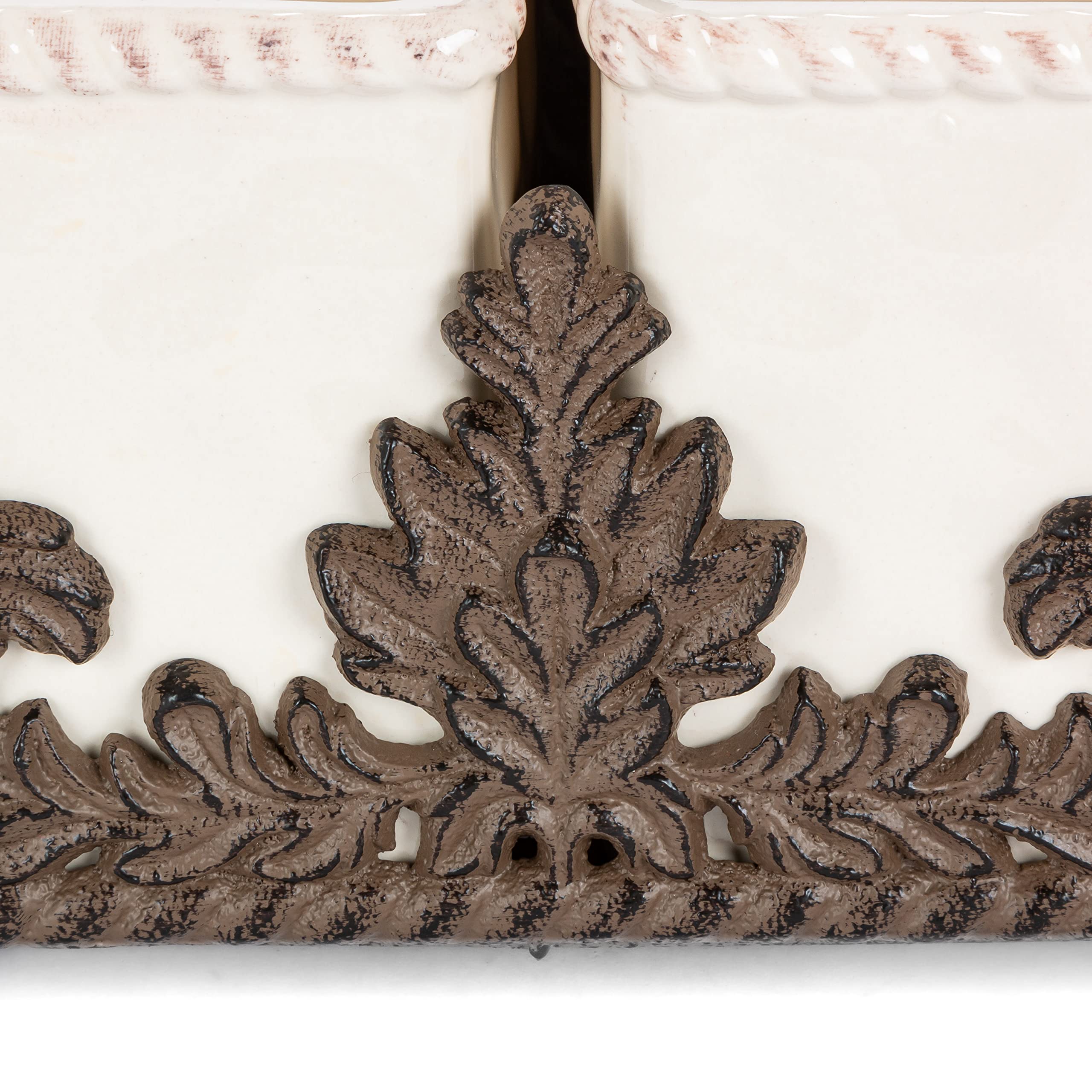 Elegant Cream Ceramic Flatware Caddy with Acanthus Leaf Metal Holder - Perfect for Dining Table Organization & Kitchen Utensil Storage