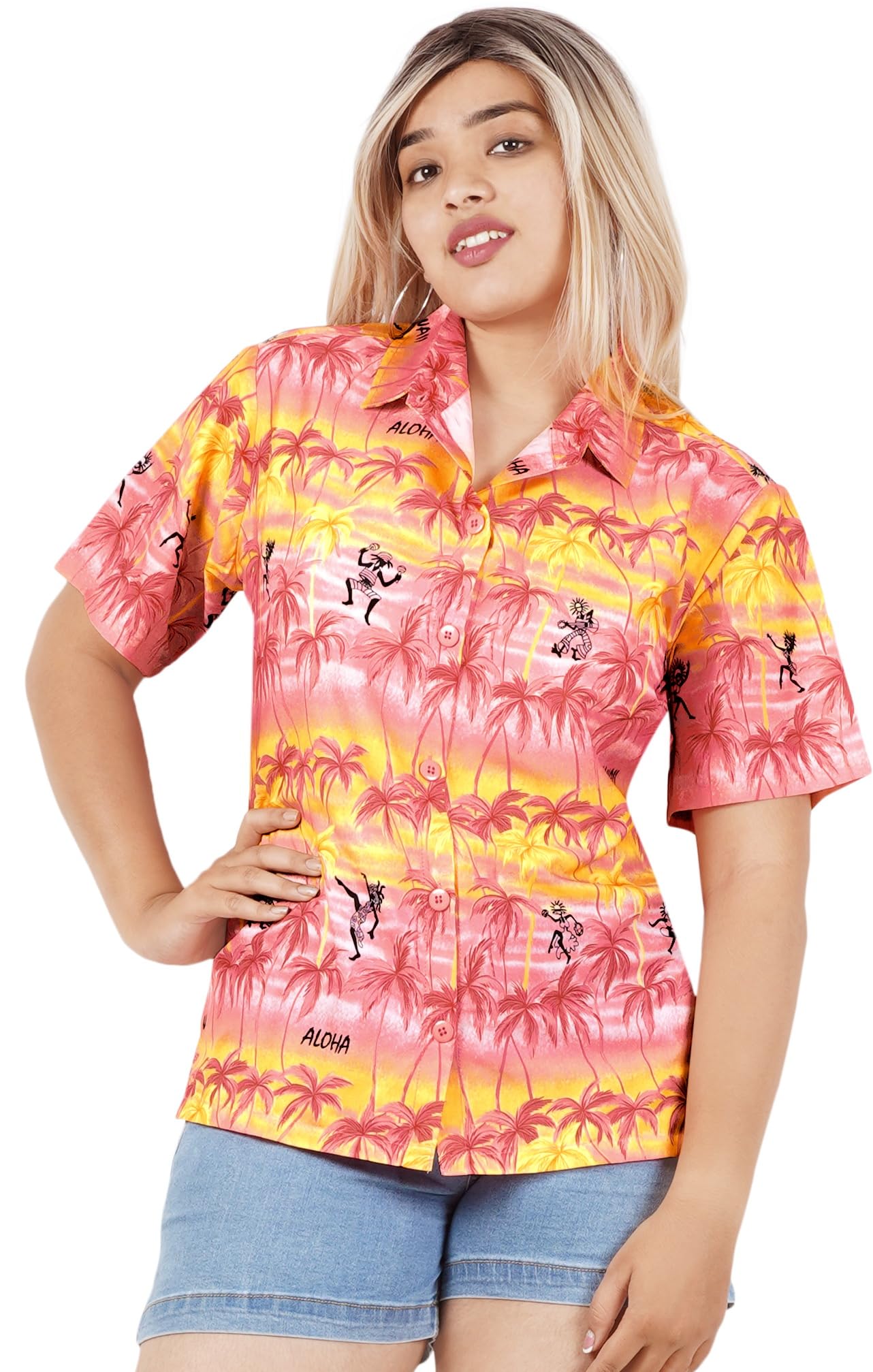 LA LEELA Women's Short Sleeve Hawaiian Blouse - Floral Print Vacation Shirt for Beach, Summer & Tropical Outfits - Lightweight Casual Top for Travel, Party & Outdoor Activities