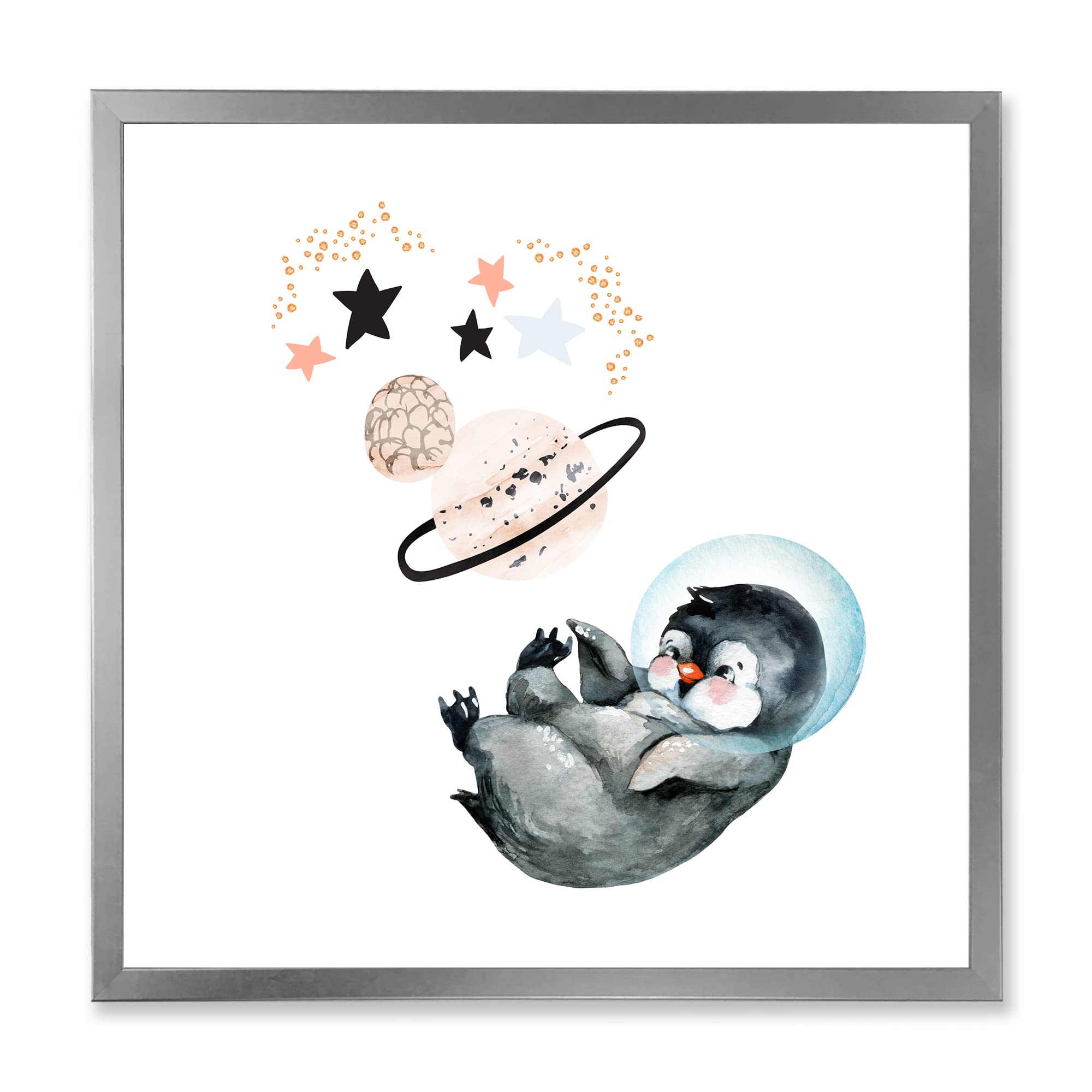 DesignQ Little Penguin with Stars and Planets - Farmhouse Framed Wall Art Decor for Nursery, Kids Room & Living Room