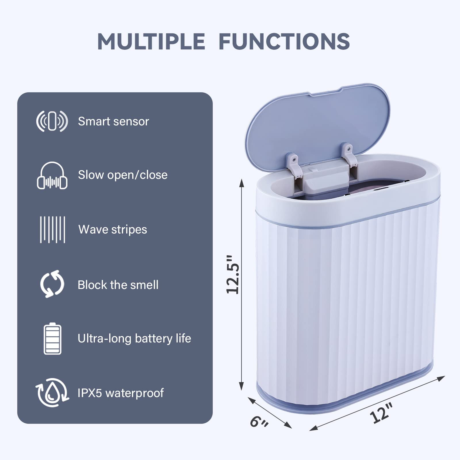 ELPHECO 2.5 Gallon Automatic Motion Sensor Trash Can - Waterproof Bathroom & Kitchen Garbage Bin, 10L Slim Design for Small Spaces, White with Grey Trim - Perfect for Bathroom, Office, Kitchen & Narrow Spaces