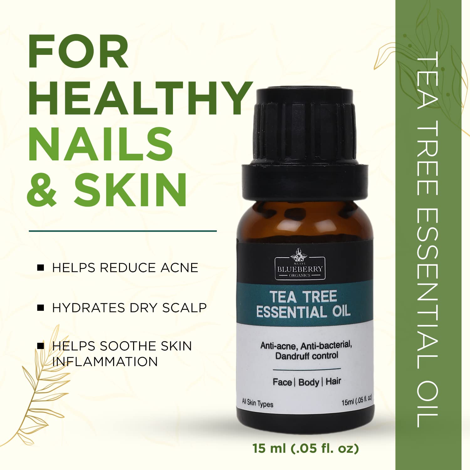 MLSPL Organic Tea Tree Essential Oil for Skin, Hair & Acne Treatment - 100% Pure Natural Aromatherapy Oil for Face Care, Scalp Health & Blemish Relief - 15ml Bottle - Perfect for DIY Beauty, Massage & Home Spa