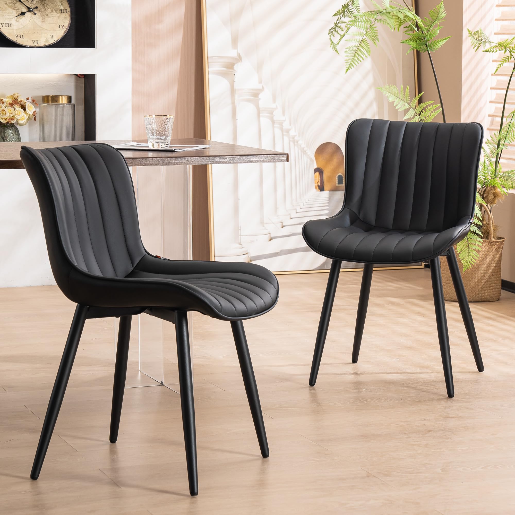 YOUNUOKE Set of 2 Black Faux Leather Dining Chairs - Mid Century Modern Armless Kitchen & Living Room Chairs - Perfect for Dining Room, Guest Reception & Waiting Areas