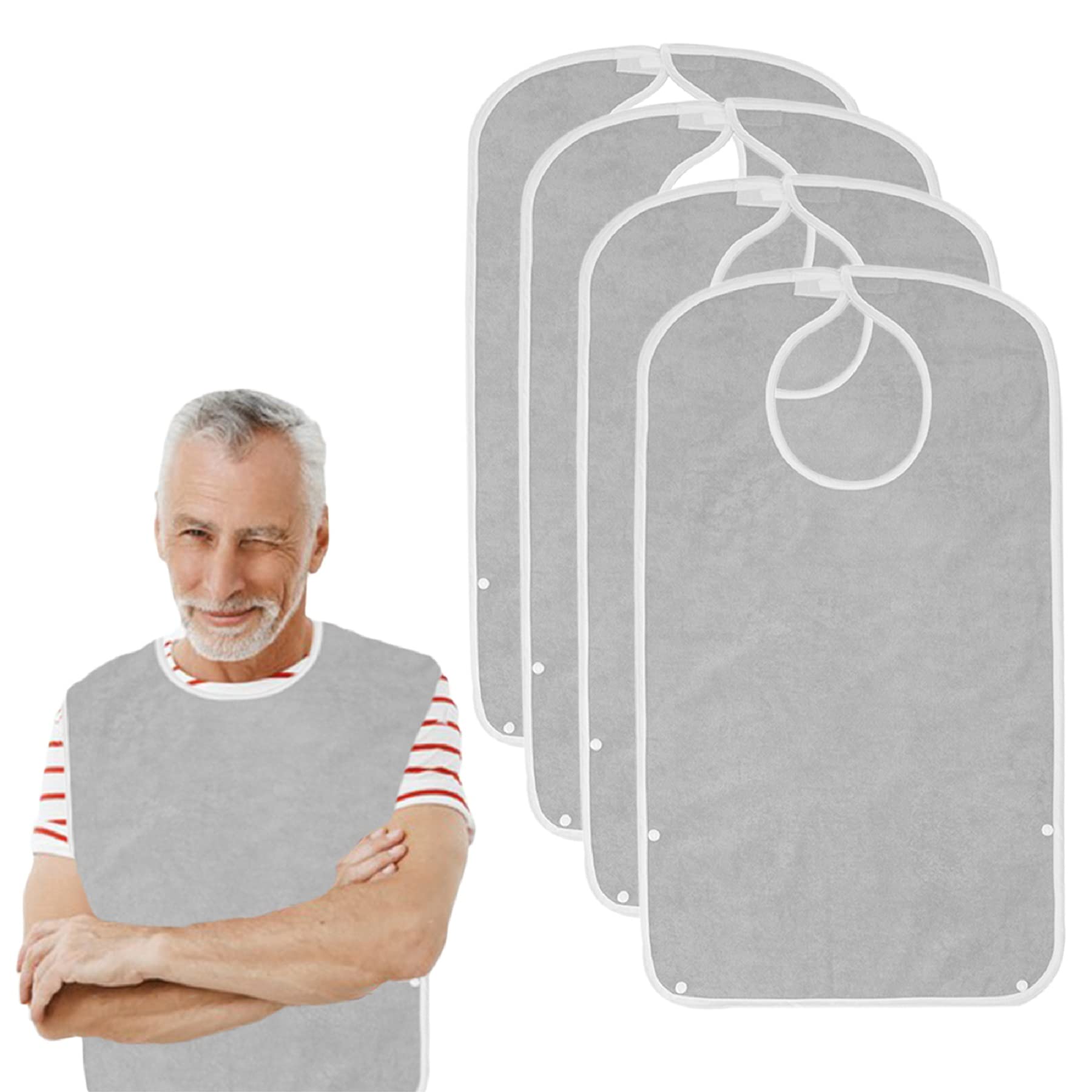 Reusable Terry Cloth Adult Bibs - Super Absorbent & Waterproof Clothing Protector for Men, Women & Elderly (Grey) | Perfect for Dining, Mealtime & Daily Care