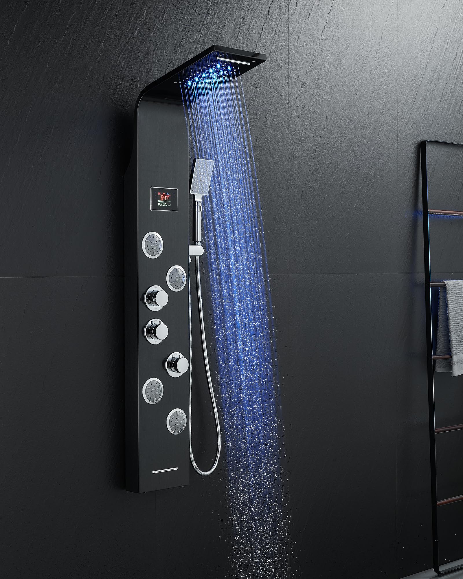 5-in-1 MENATT Shower Tower System with Hydroelectric LED Lights & Digital Display - Rainfall Shower Head, Waterfall Shower, Massage Jets, Tub Spout & Handheld Shower (Black) - Perfect for Modern Bathroom Renovation & Spa-Like Shower Experience
