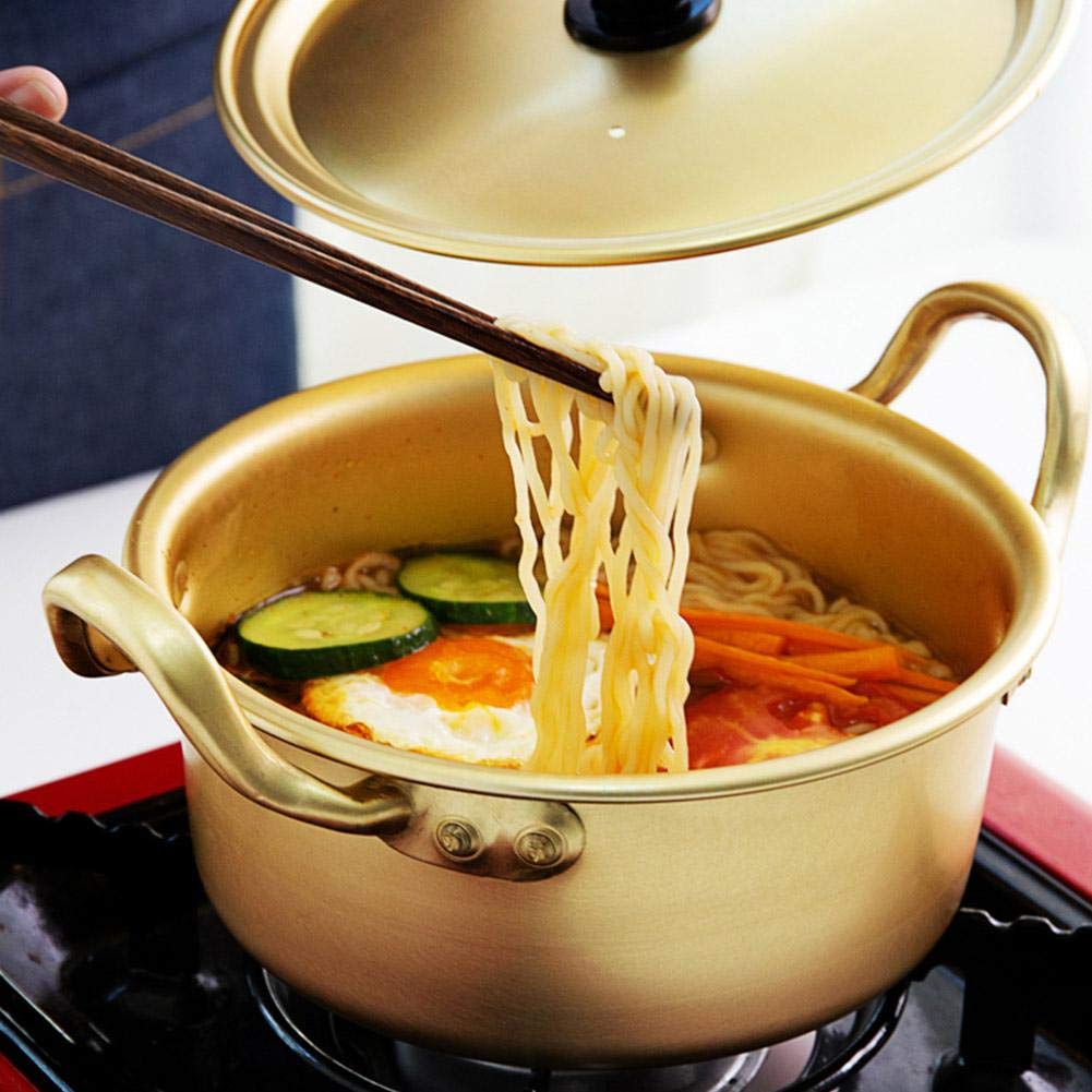 16cm Korean Ramen Cooking Pot with Lid - Yellow Aluminum Stockpot for Instant Noodles | Perfect for Dorm Cooking, Camping & Small Kitchen Use
