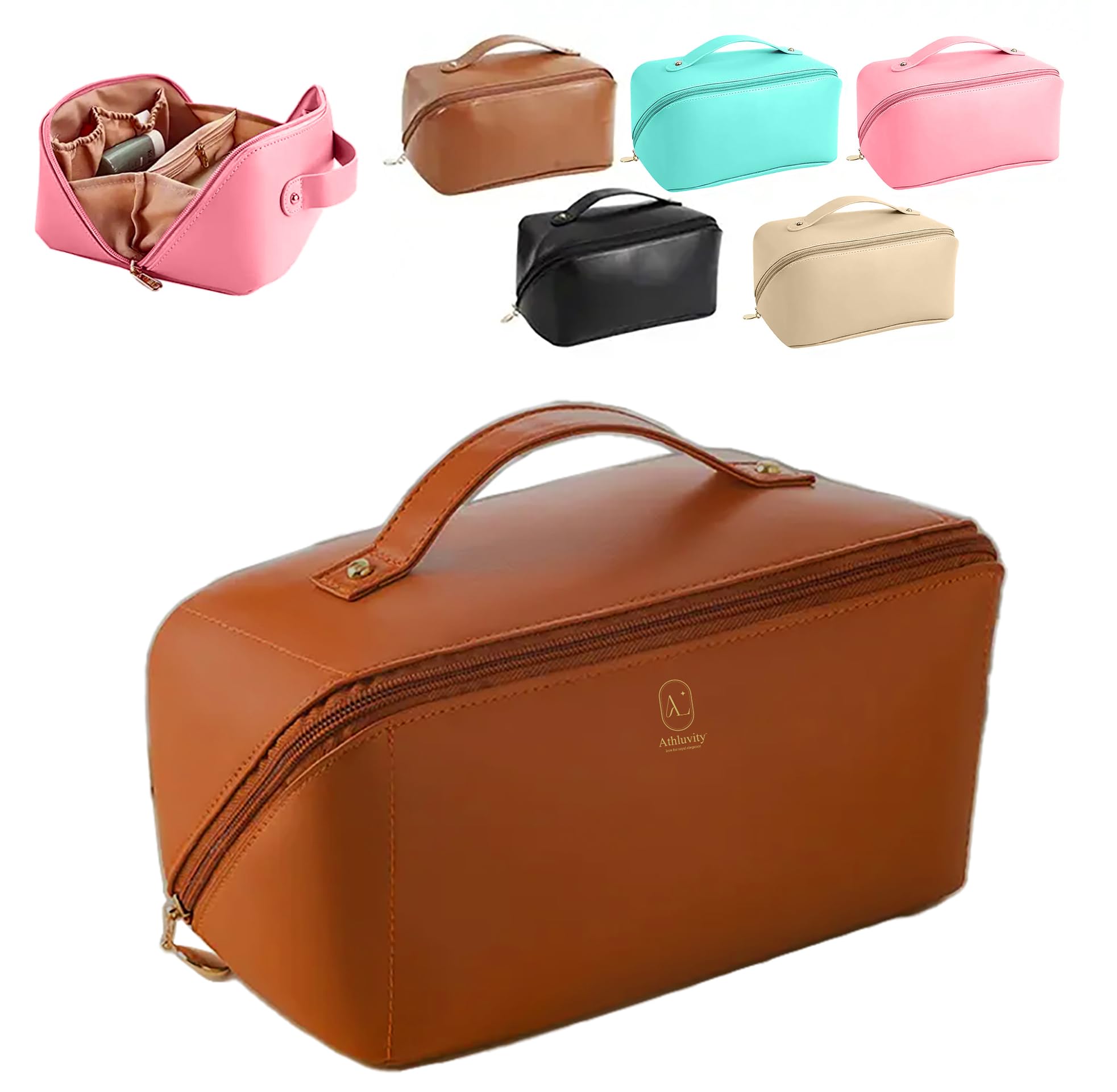 ATHLUVITY Premium Makeup Pouch - Waterproof Cosmetic Organizer Bag for Women | Travel Makeup Case with Multiple Pockets | Perfect for Home, Office & Vacation (Brown)