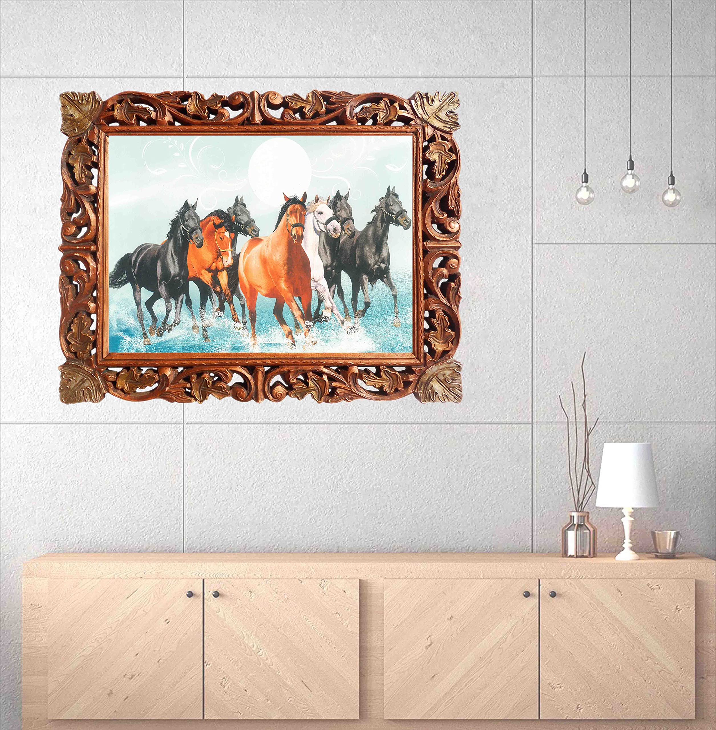 Seven Running Horses in Water Poster Print - Handcrafted Wood Framed Wall Art for Vaastu Shastra, Feng Shui Home & Office Decor - Brings Peace, Harmony & Success | Perfect for Living Room, Bedroom or Workspace