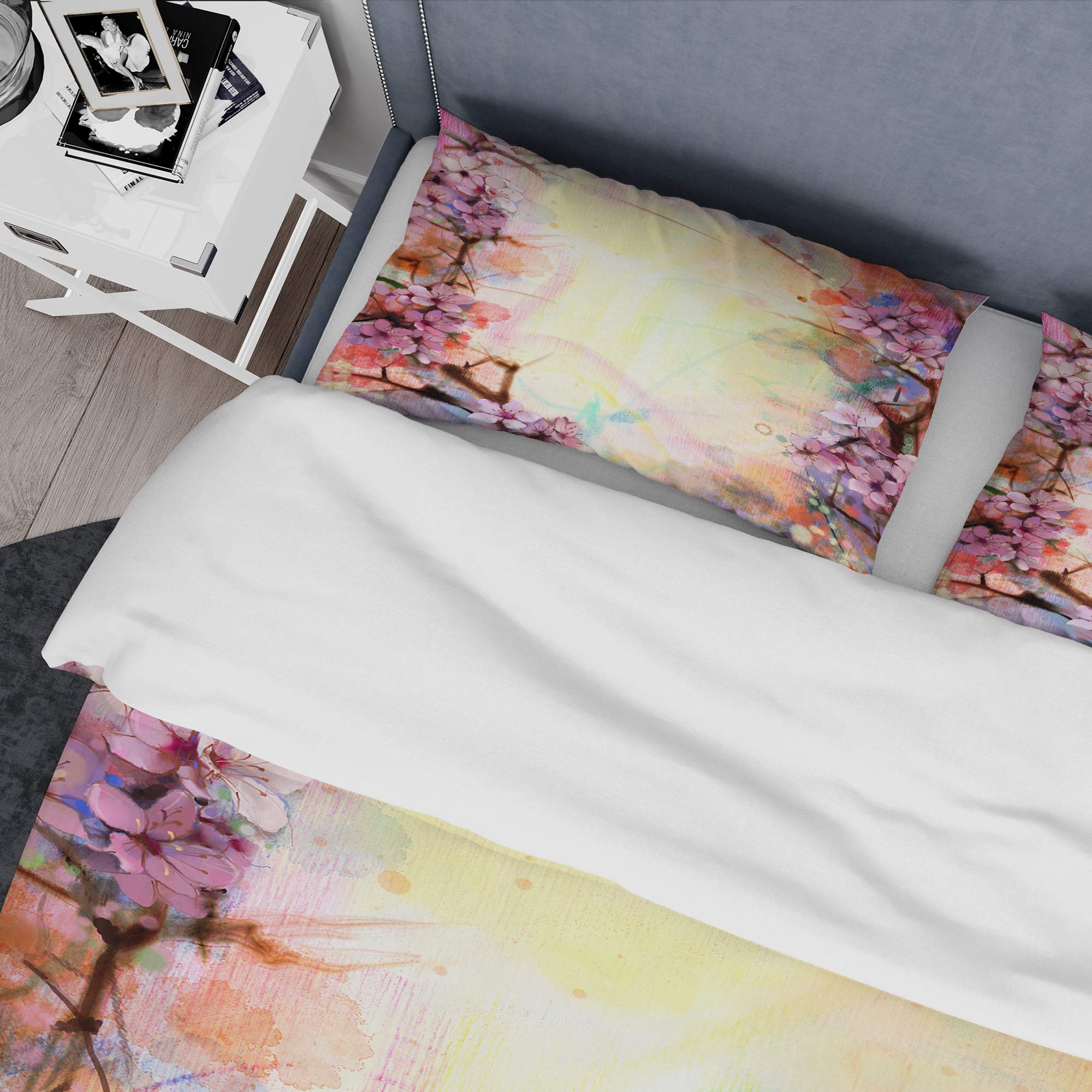 Pink Sakura Floral Duvet Cover Set King Size - 3 Piece Coastal Bedding with Blurred Nautical Design, All Season Soft Comforter Cover for Master Bedroom & Guest Room Decor
