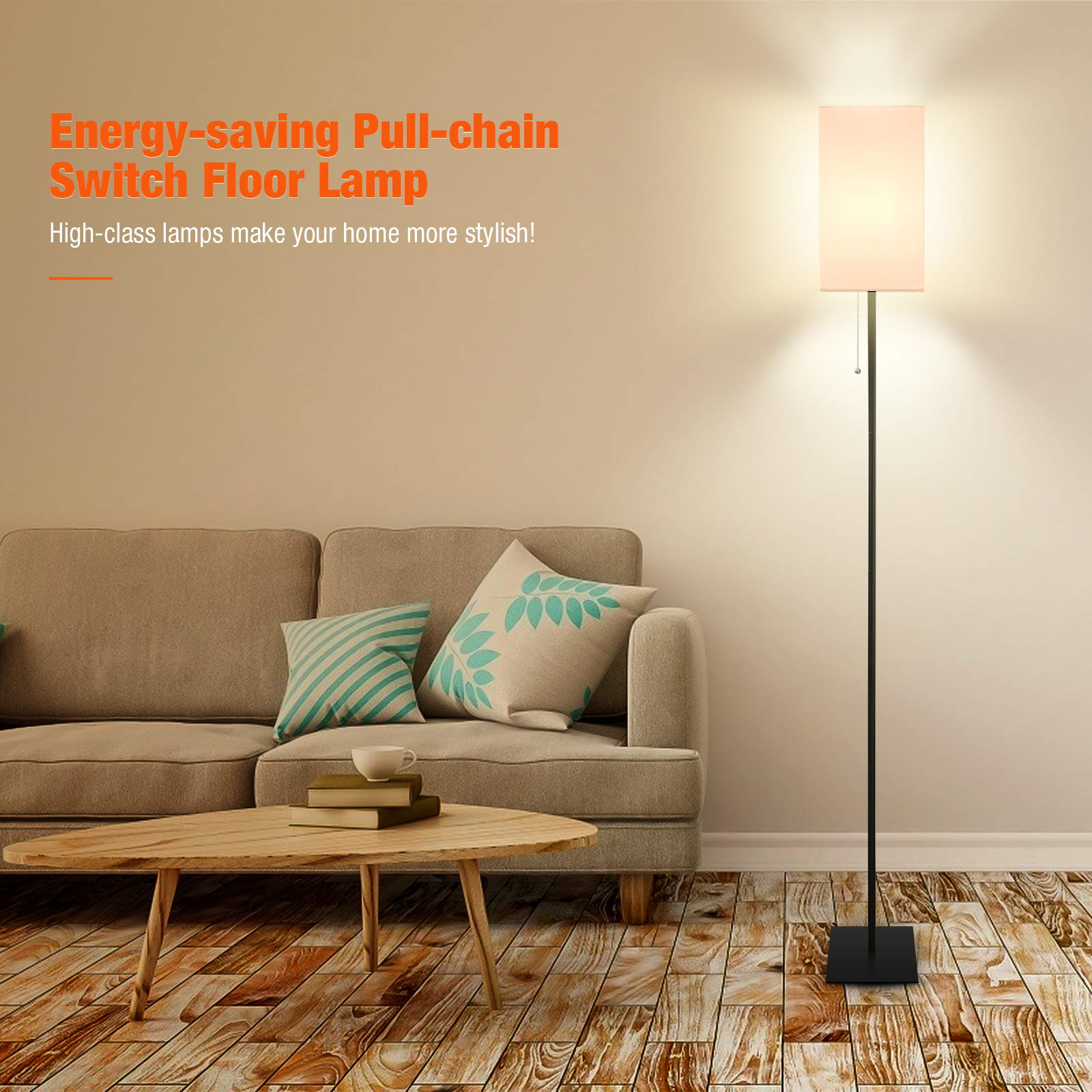 3-Way Dimmable Touch Control Modern Floor Lamp with Pull Chain Switch - Adjustable Brightness for Living Room, Bedroom, Office & Reading Corner
