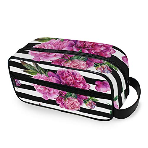 Purple Floral Black Stripes Cosmetic Bag - Waterproof Travel Makeup Pouch & Toiletry Organizer for Brushes, Lipsticks, Makeup Accessories - Perfect Gift for Women, Girls, Teens - Ideal for Travel, Gym, Beach & Daily Use