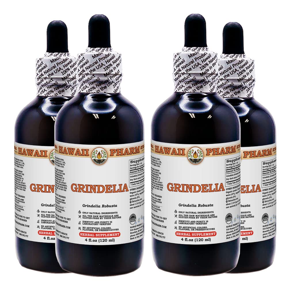 Hawaii Pharm Grindelia Robusta Liquid Extract - 100% Natural Dried Herb Tincture Supplement (4x4 oz) for Respiratory Support & Immune Health | Herbal Remedy for Cough, Bronchitis & Allergies