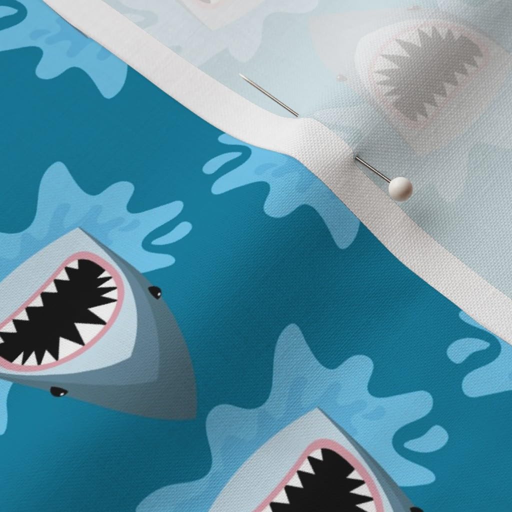Cute Summer Shark Pattern Blue Cotton Fabric by Spoonflower - Funny Boys Beach Vacation Teeth Kids Printed on Petal Signature Cotton - Fat Quarter for Sewing, Quilting, Apparel, Crafts & Home Decor | Perfect for DIY Projects, Kids Clothing, and Beach-Themed Decorations
