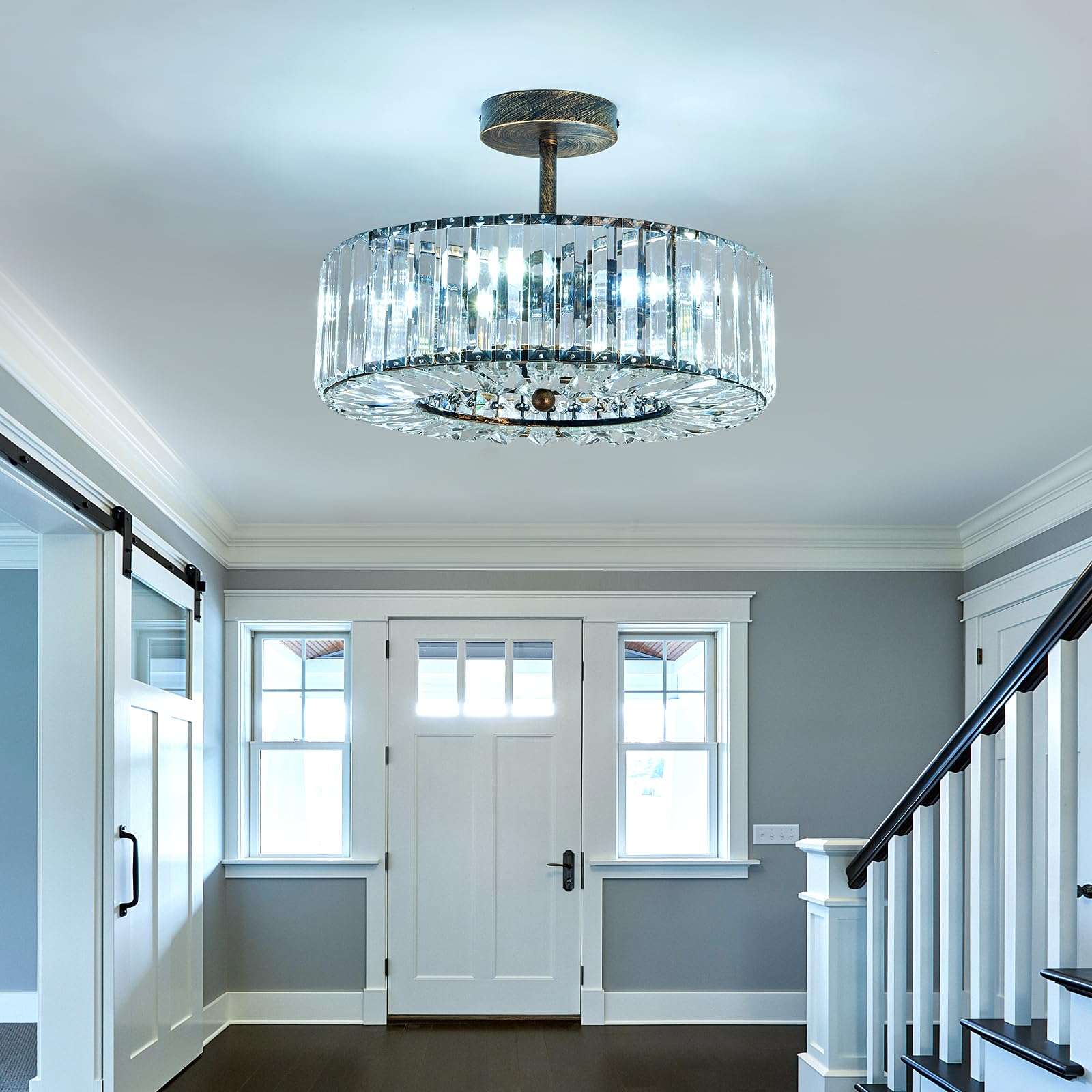 4-Light Modern Crystal Chandelier - Oil Rubbed Bronze Round Semi-Flush Mount Ceiling Light Fixture - Farmhouse Style Lighting for Dining Room, Living Room, Bedroom, Hallway, Entryway & Kitchen - Perfect for Home Decor, Wedding Venues and Restaurant Ambiance