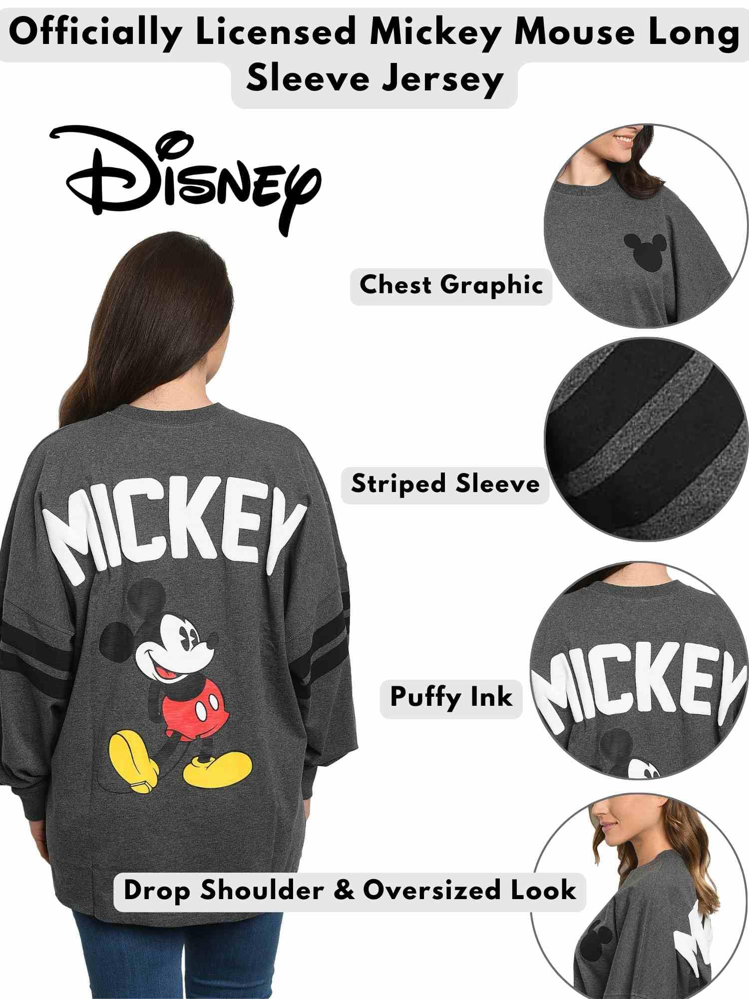 Disney Women's Oversized Mickey & Minnie Mouse Long Sleeve Jersey T-Shirt - Soft Cotton Casual Wear for Theme Parks, Movie Nights & Disney Vacations