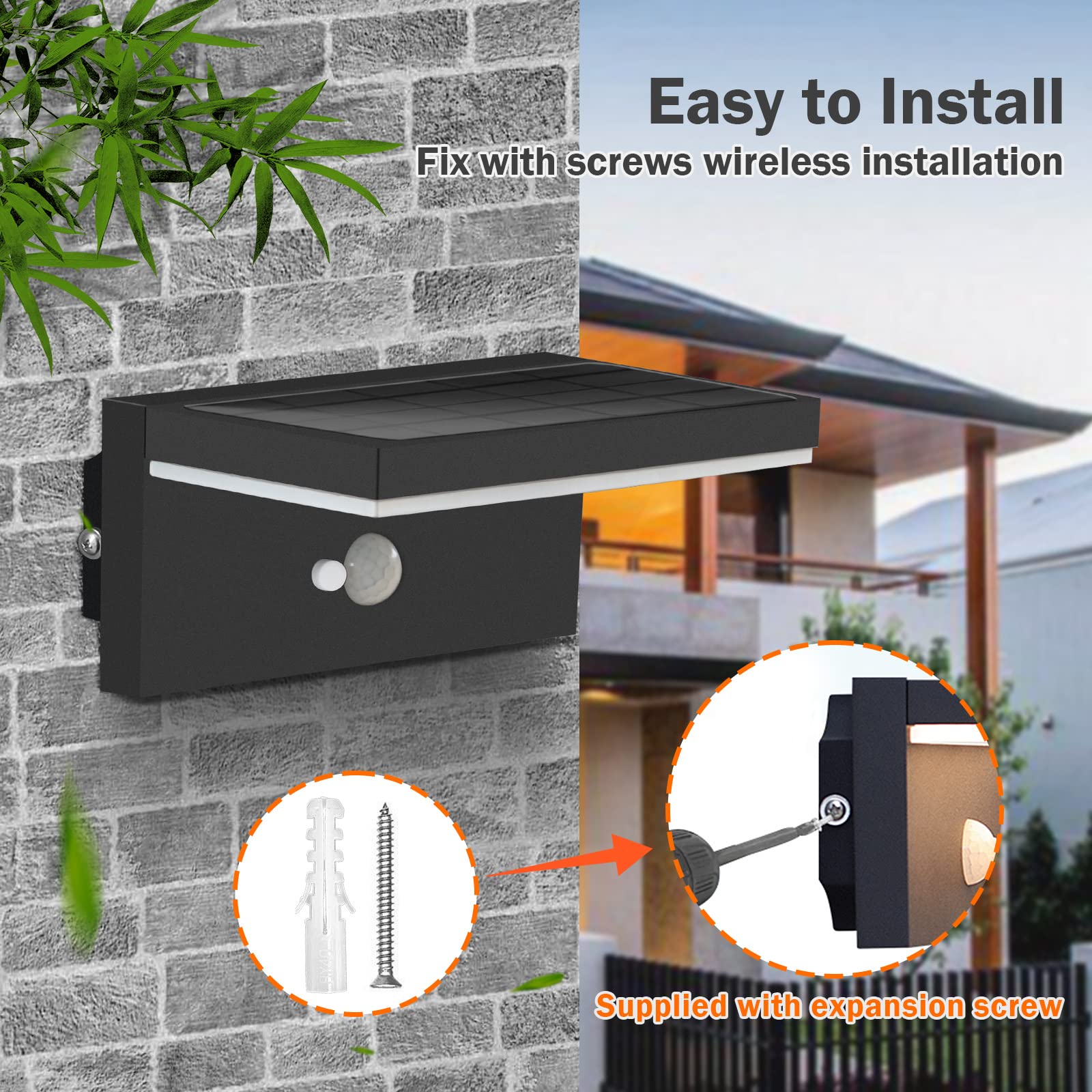Lustrlach Solar Motion Sensor Wall Lights - Outdoor Waterproof LED Solar Wall Sconce, Black Dusk to Dawn Modern Porch Light - Perfect for Garage, House, Patio, Garden & Pathway Lighting