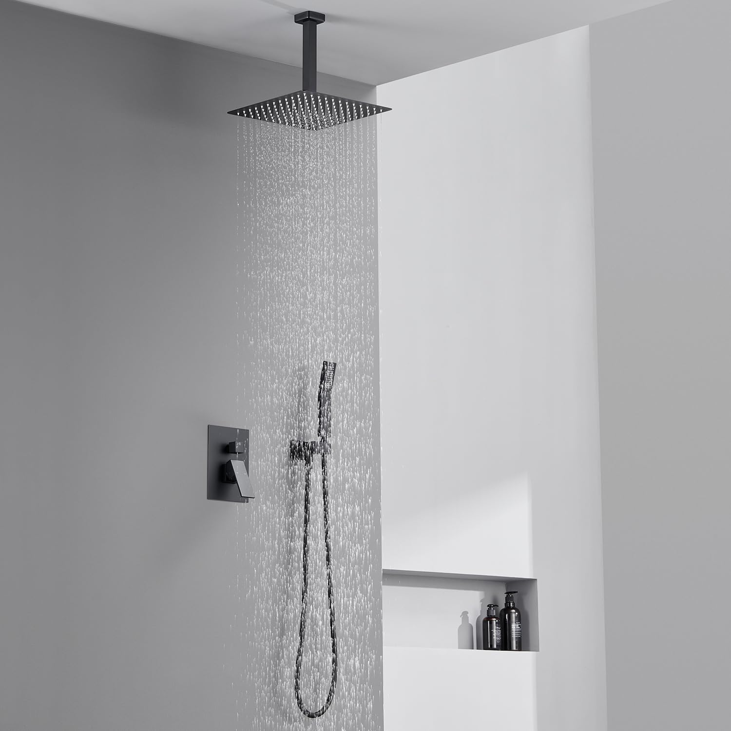 12 Inch Black Ceiling Mount Rain Shower System Combo Set - Rainfall Shower Head & Handheld Shower - Modern Bathroom Faucet for Spa-Like Experience | Perfect for Master Bathrooms & Luxury Home Renovations