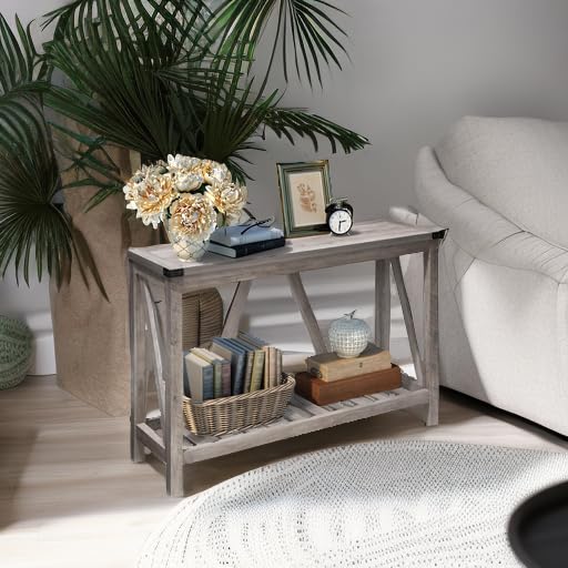 Farmhouse Style Wooden Entryway Console Table with Shelves - Rustic Sofa Table for Living Room, Hallway & Foyer - Perfect for Home Decor, Storage & Display