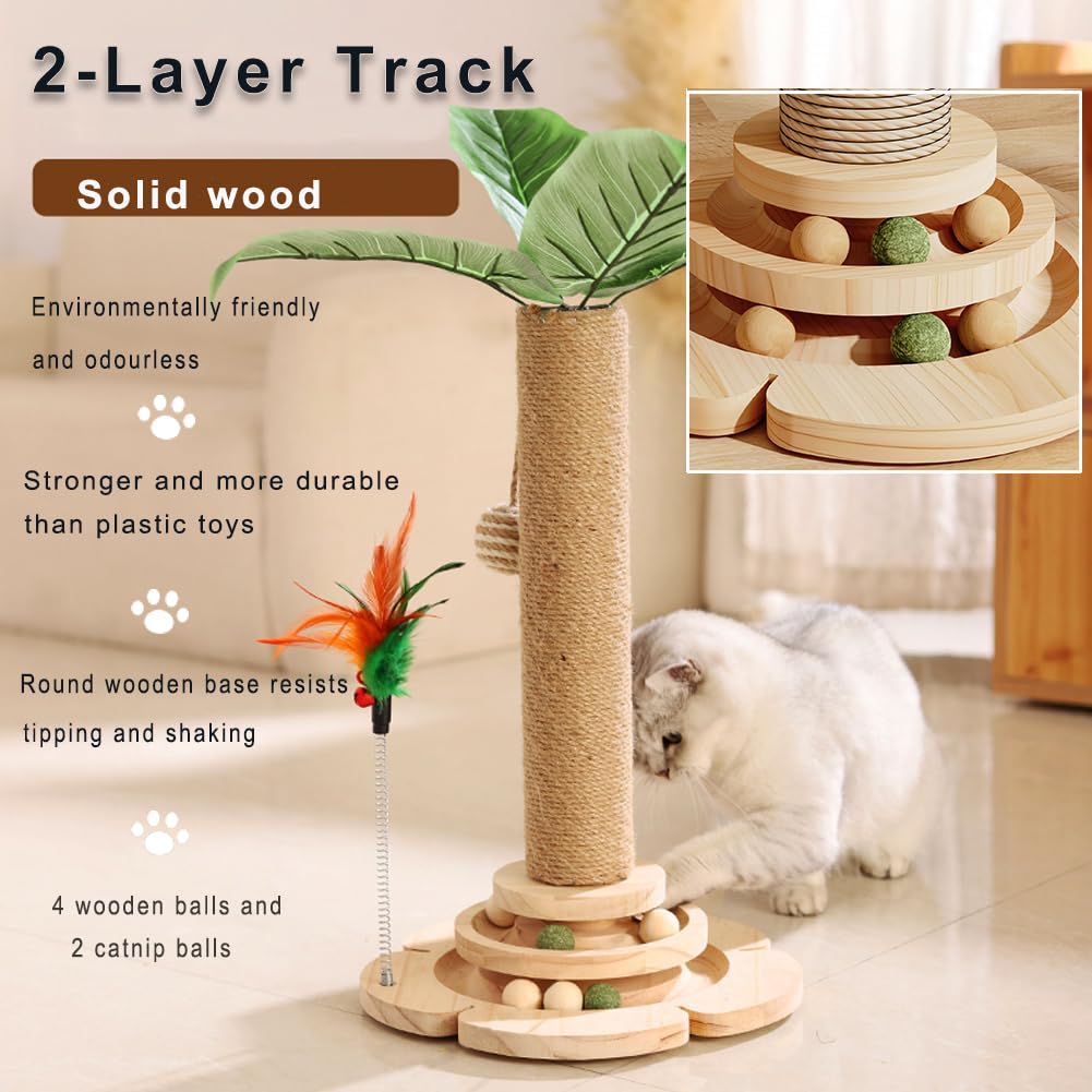 Marchul 2-Level Cat Scratching Post with Interactive Track Ball Tower Toy - Sisal Rope & 3D Leaf Design for Indoor Cats & Kittens | Mental & Physical Exercise Toy for Playtime, Training & Home Decor