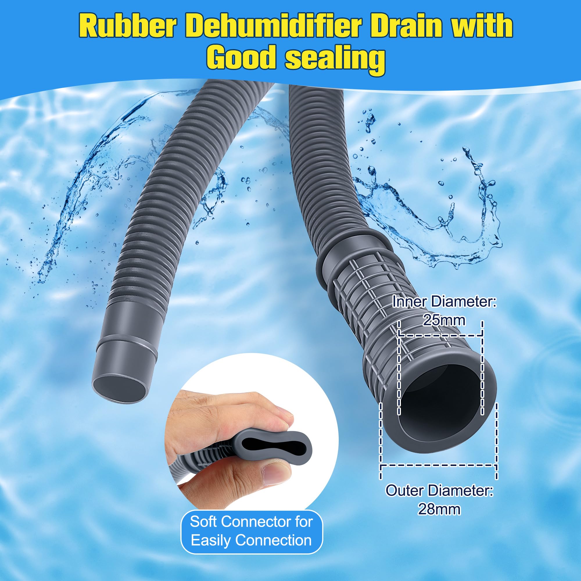 Saillong Patent Pending Universal Dehumidifier Drain Hose - 6.5ft Flexible Replacement Hose with Adjustable Rubber Adapter & Connect Clamp for Dehumidifiers, AC Units | Perfect for Basement, RV & Home Moisture Control