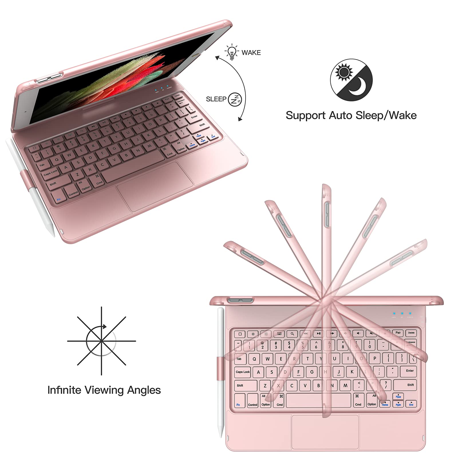 TQQ Touch iPad 9th Generation Keyboard Case (10.2 Inch 2021 Model) - Multi-Touch Trackpad, 360° Rotating Protective Cover with Apple Pencil Holder for iPad 9th/8th/7th Gen - Rose Gold | Perfect for Work, Study & Travel