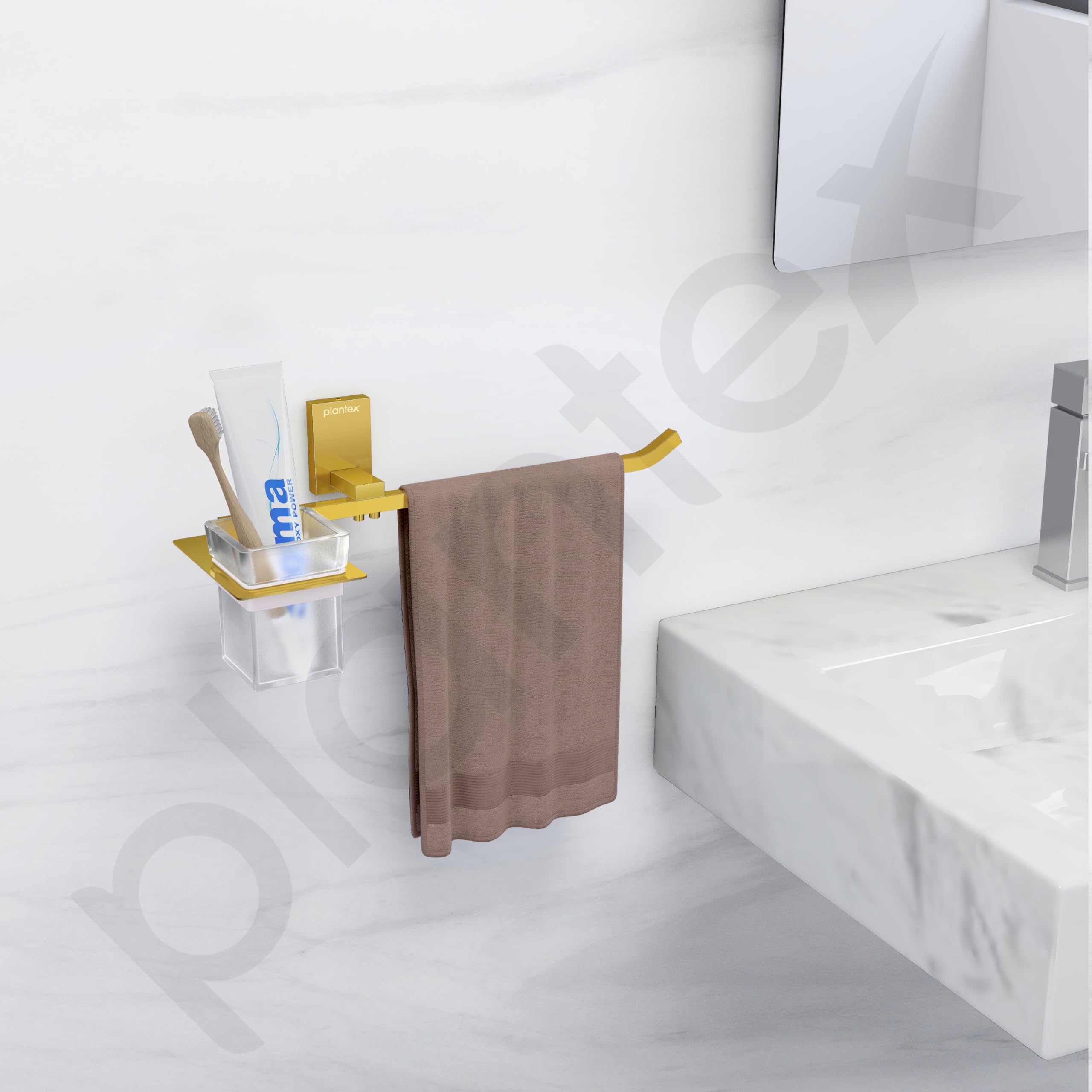Premium Plantex 304 Stainless Steel Multi-Purpose Holder - Glass Tumbler, Napkin Ring, Toothbrush & Towel Organizer for Bathroom & Kitchen Decor (Crystal PVD Gold Finish) - Ideal for Home, Office & Hotel Use