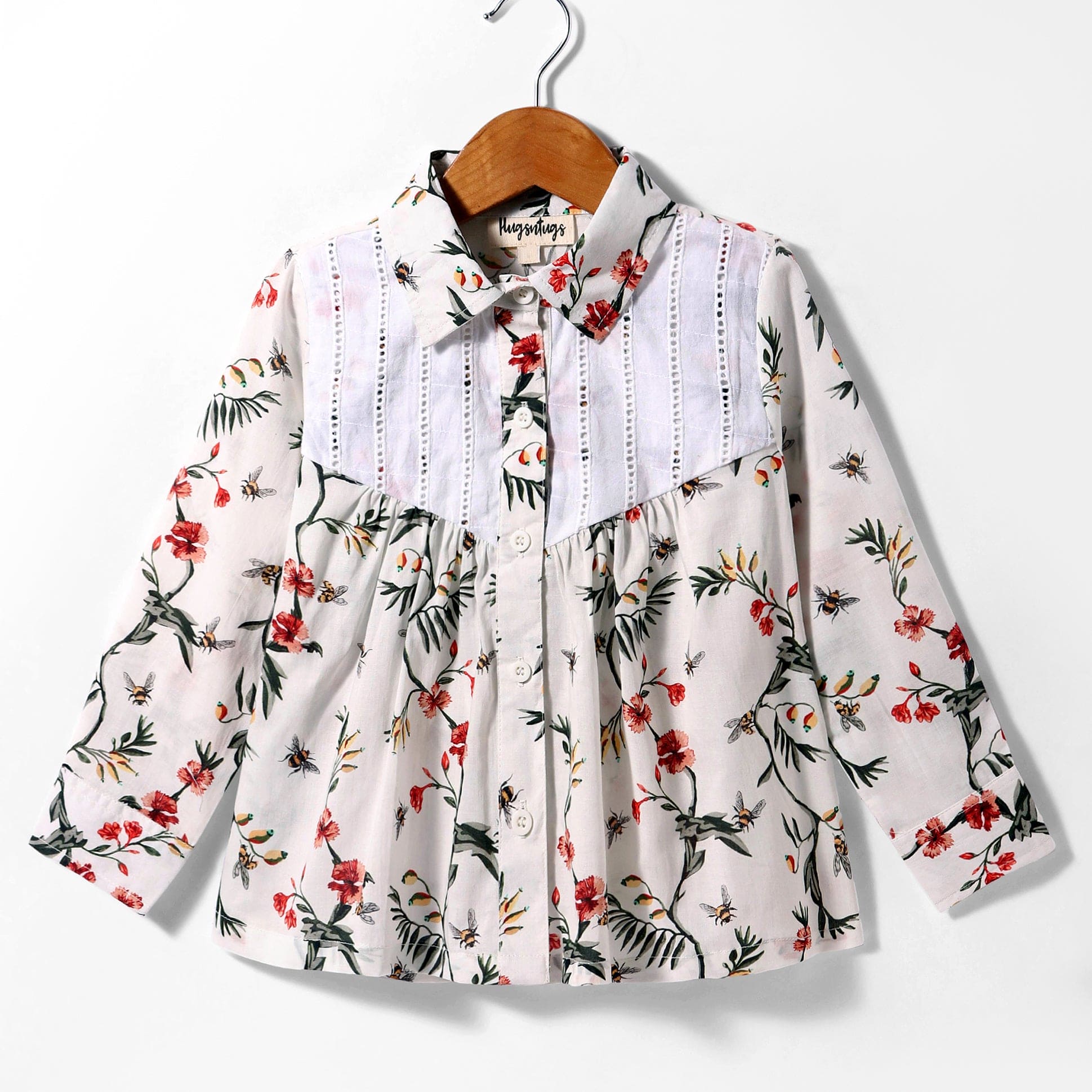 Pre Order: Floral Print Full Sleeves Button Down Shirt with Ladder Lace Inserts at Yoke - White | Women's Fashion Blouse for Spring, Office Wear & Casual Outfits