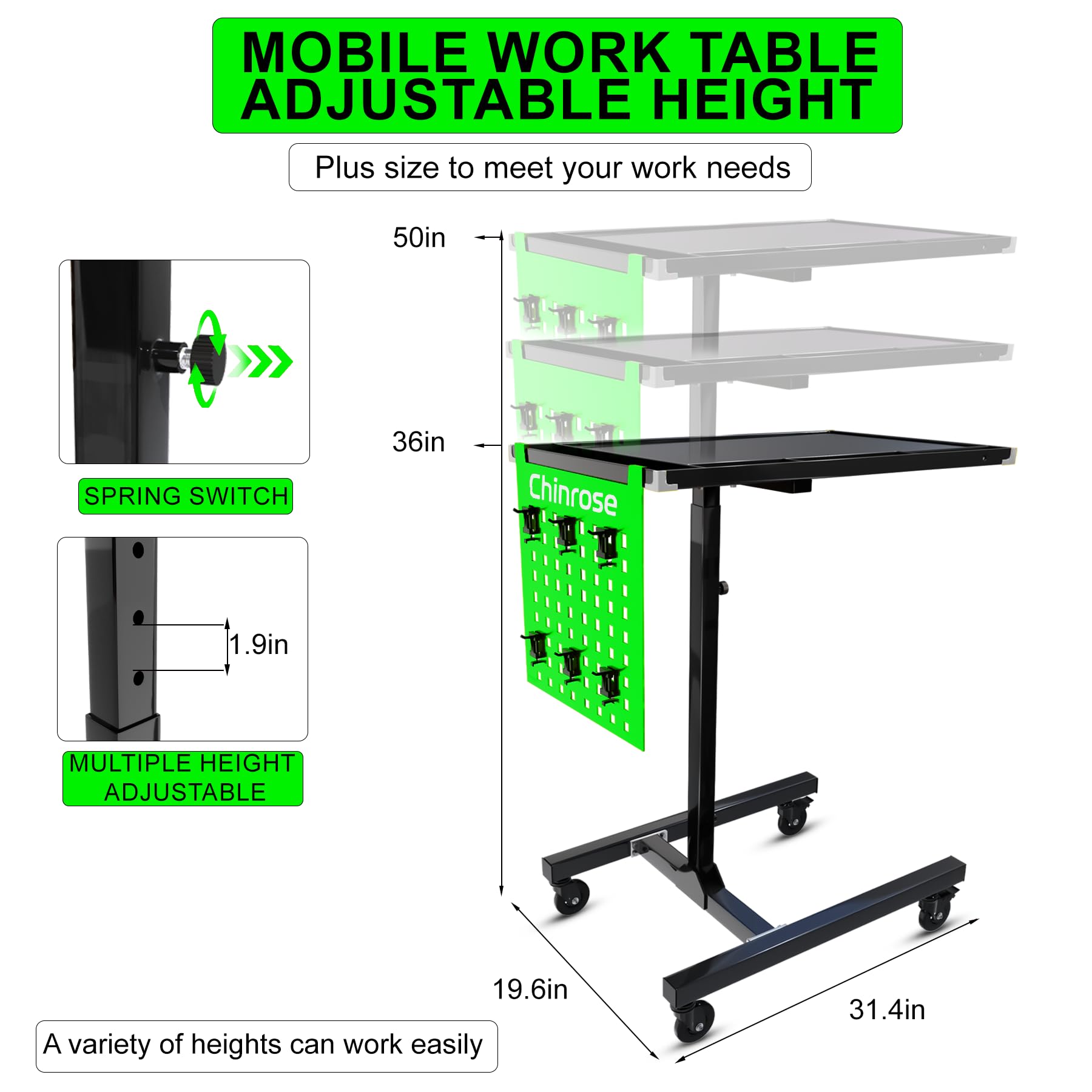 Adjustable Rolling Work Table with Wheels - Mobile Tray Table for Mechanics, Garage, Workshop & DIY Projects | Heavy-Duty Utility Cart for Automotive Repair, Warehouse Organization & Home Improvement