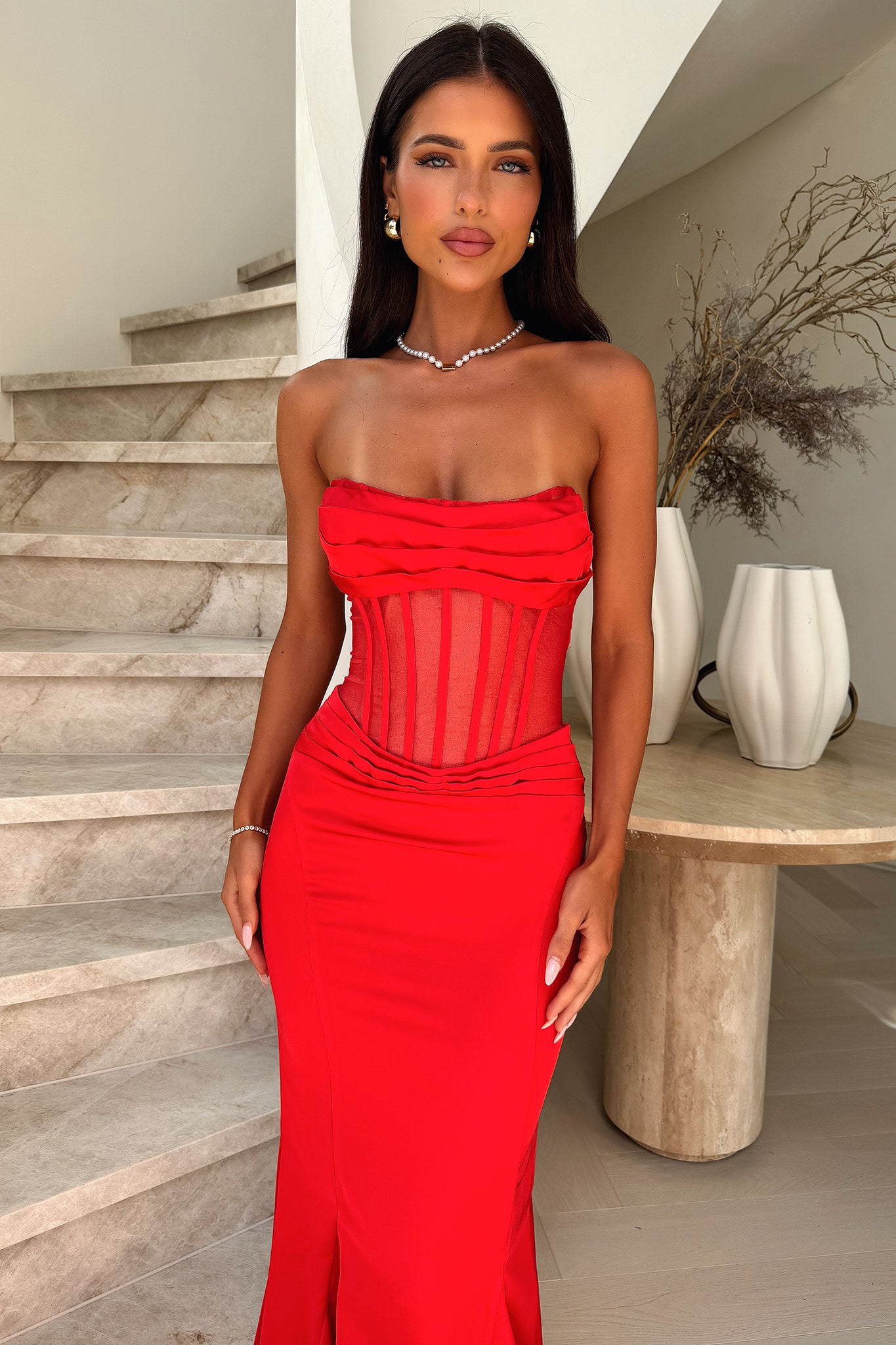 Aderyn Satin Corset Maxi Dress for Women - Elegant Red Long Evening Gown with Lace-Up Detail - Perfect for Prom, Wedding Guest, and Formal Occasions
