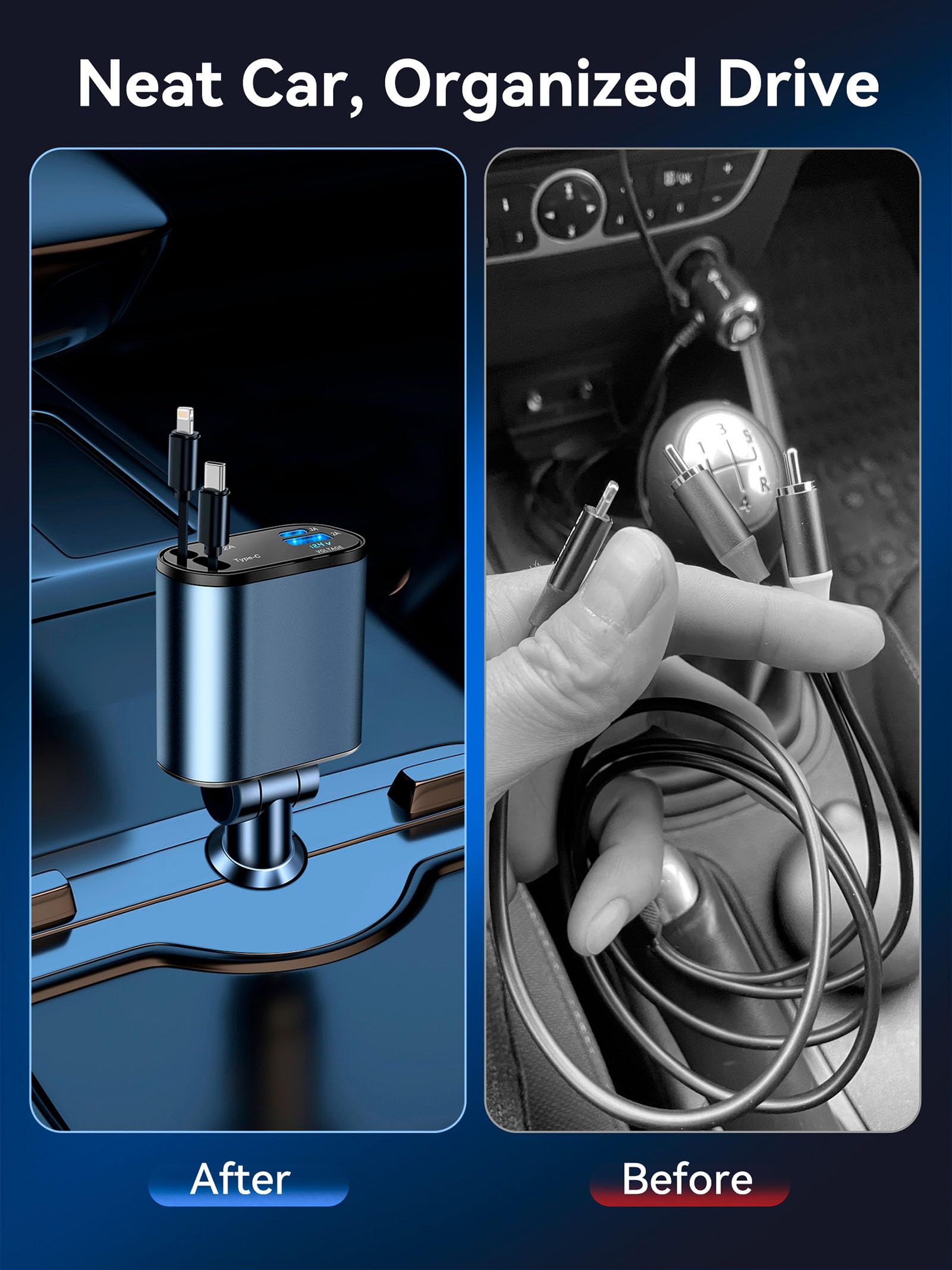 66W Fast Retractable Car Charger with USB C Ports - 4-in-1 Smart Phone Charger Adapter for iPhone & Android - Perfect for Road Trips, Commuting & Emergency Charging