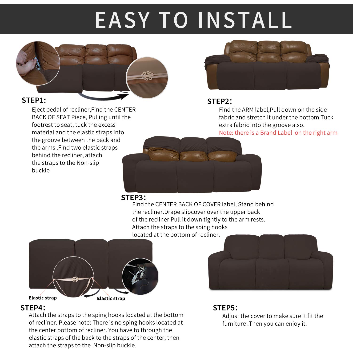 8-Piece Recliner Sofa Slipcover Set - Stretchable Jacquard Fabric with Elastic Bottom - Chocolate Checkered Design - Furniture Protector for Couches, Chairs & Recliners - Perfect for Homes with Kids, Pets or High-Traffic Areas