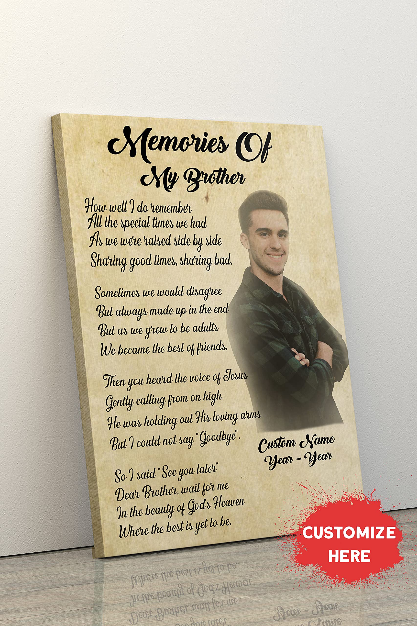 Personalized Memorial Canvas for Brother - Sympathy Gift in Memory of Lost Brother, Bereavement Keepsake, Condolence Present - 12x16 Inch - Perfect for Home Memorial, Funeral Tribute & Grieving Comfort