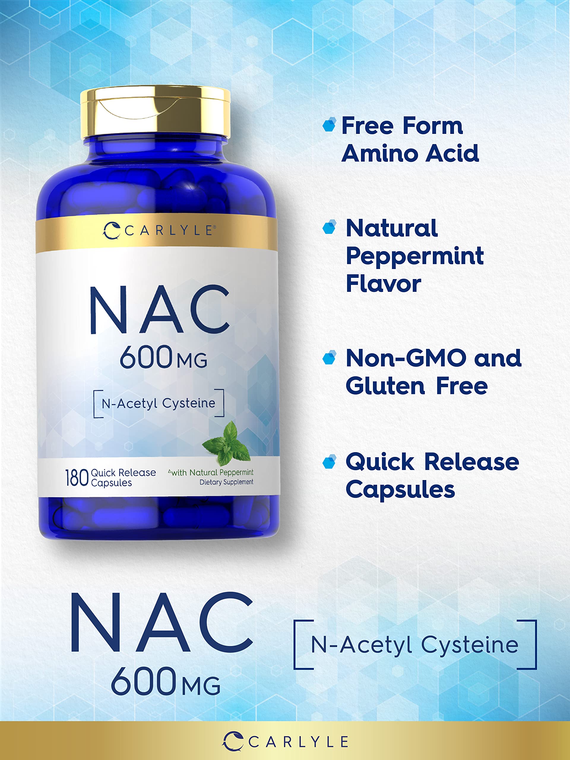 Carlyle NAC N-Acetyl Cysteine 600mg Supplement - 180 Capsules with Peppermint | Free Form, Non-GMO, Gluten Free | Supports Liver Health & Detox | for Daily Wellness & Immune Support