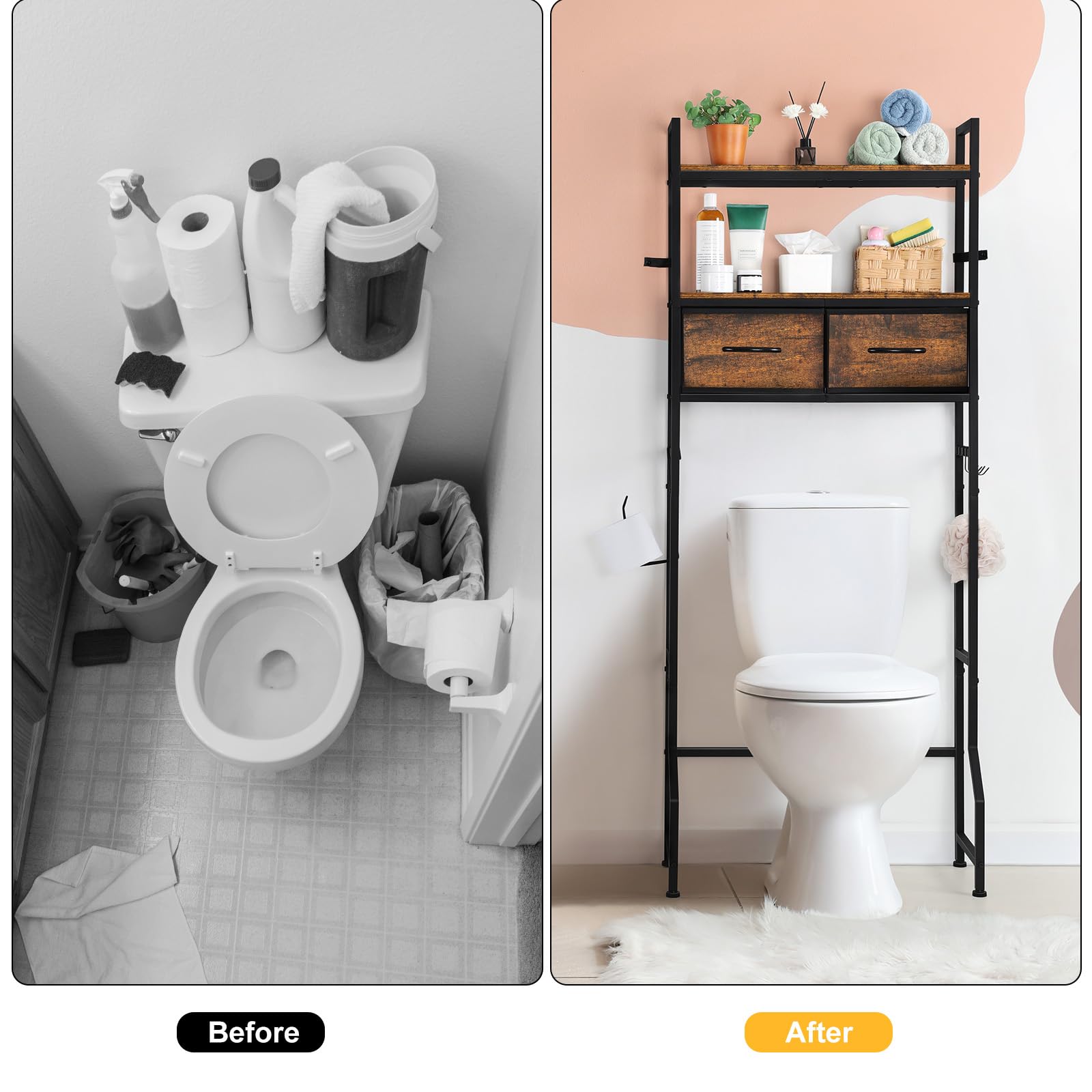 YBING Over The Toilet Bathroom Storage Cabinet - Freestanding Tall Bathroom Shelf Organizer with Fabric Drawer & Toilet Paper Holder - Space Saving Brown Bathroom Organizer for Small Bathrooms, Apartments & Dorm Rooms