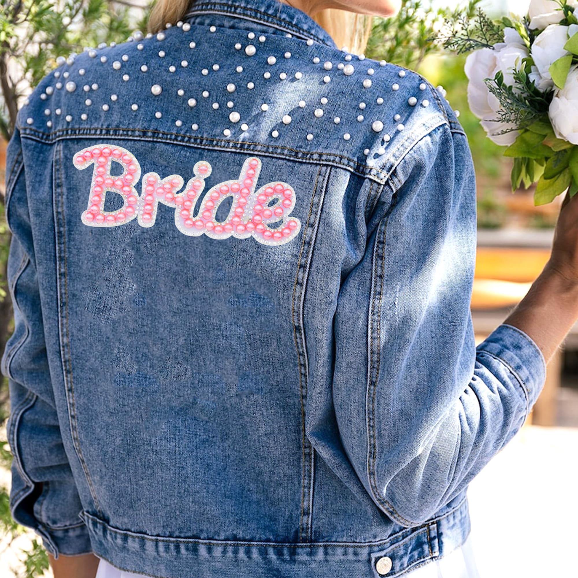 Bride Iron-On Patches - Sparkle Letter & Pearl Embellished Sew-On Appliques for Clothing, Jackets, Bags & Hats - Perfect Wedding Gift & Bridal Party Accessories (Pink)