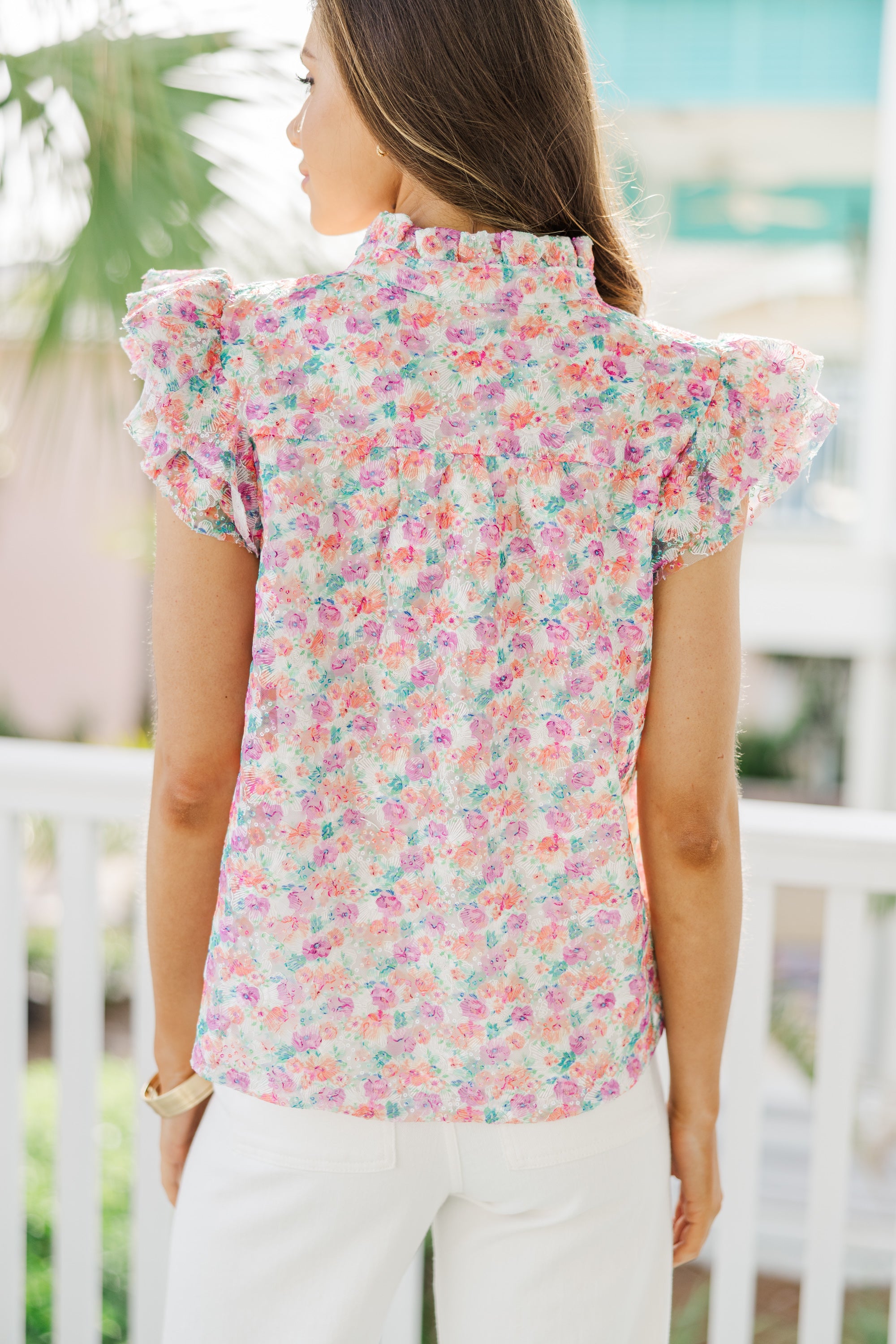 All About You White Ditsy Floral Blouse - Women's Casual Boho Shirt for Summer, Date Night & Office Wear