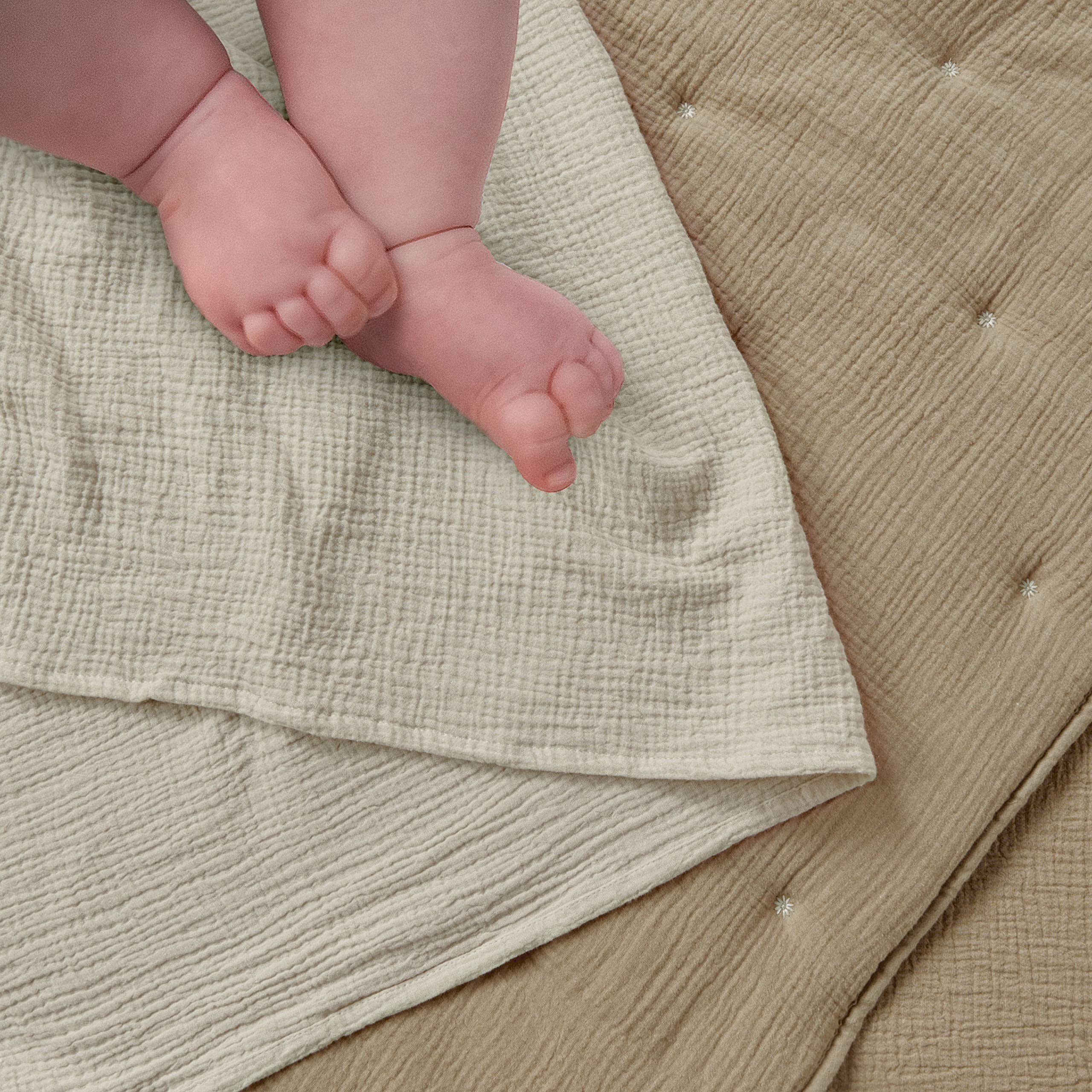 Levtex Baby Cloud Muslin Crib Bedding Set - 5 Piece Nursery Set with Quilt, Fitted Sheet, Swaddles & Bear Lovey - Soft Cacao Beige Star Pattern on Grey Textured Muslin - Perfect for Newborns, Baby Showers & Cozy Nursery Decor