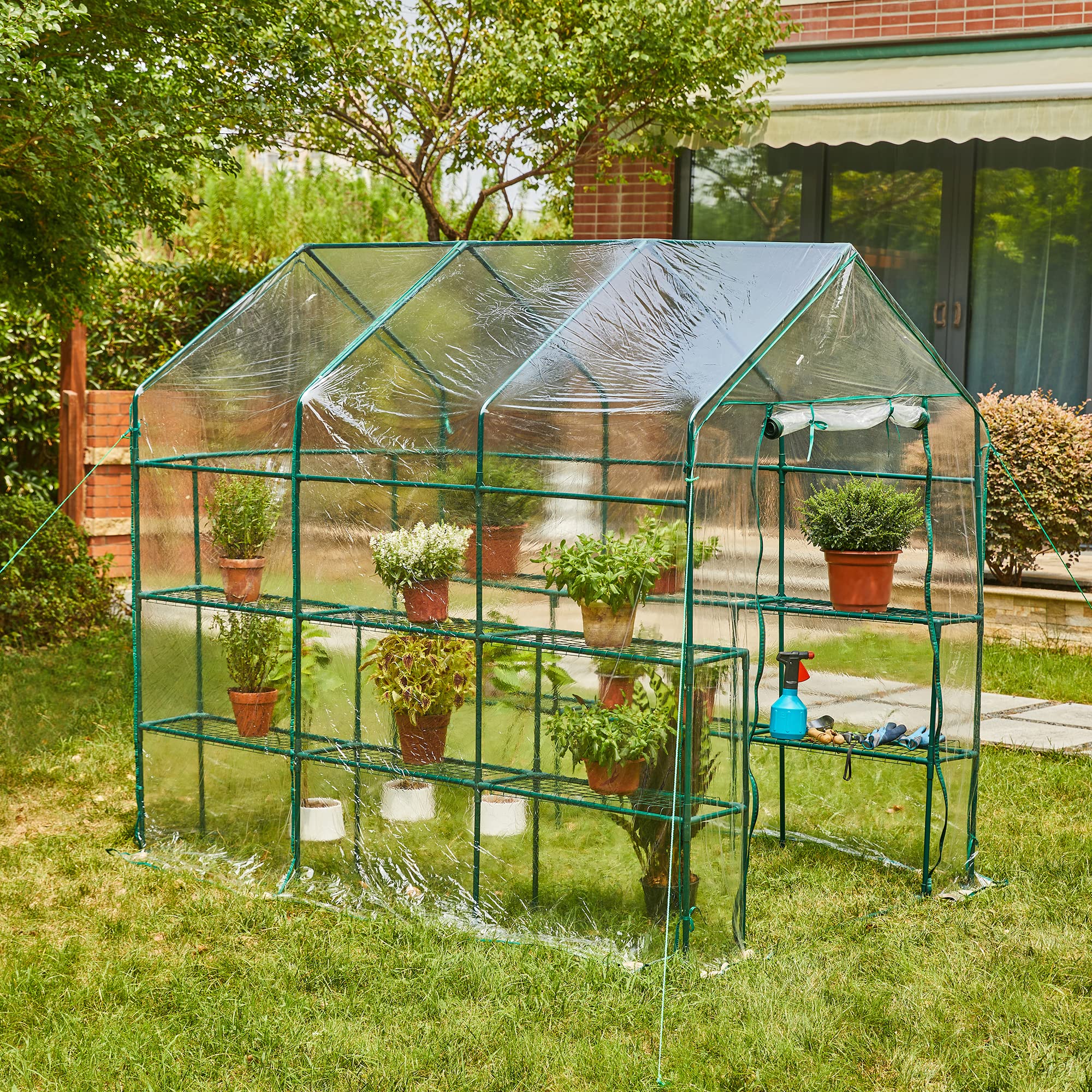 Glitzhome 3-Tier 18-Shelf Walk-in Greenhouse for Plants & Gardening with Transparent PVC Cover - Perfect for Indoor/Outdoor Seed Starting, Plant Protection & Year-Round Gardening