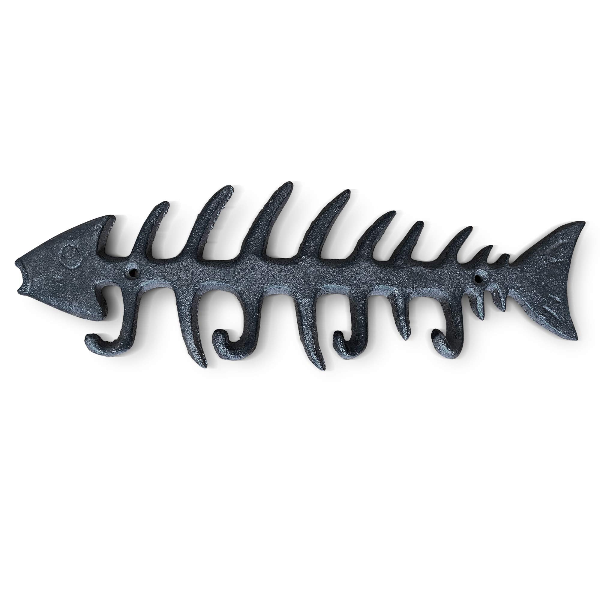 WallCharmers Large Fish Bone Key Holder, Leash Hook & Towel Rack - Rustic Nautical Wall Decor for Bathroom, Kitchen or Beach House (Perfect for Hanging Keys, Dog Leashes & Bath Towels)