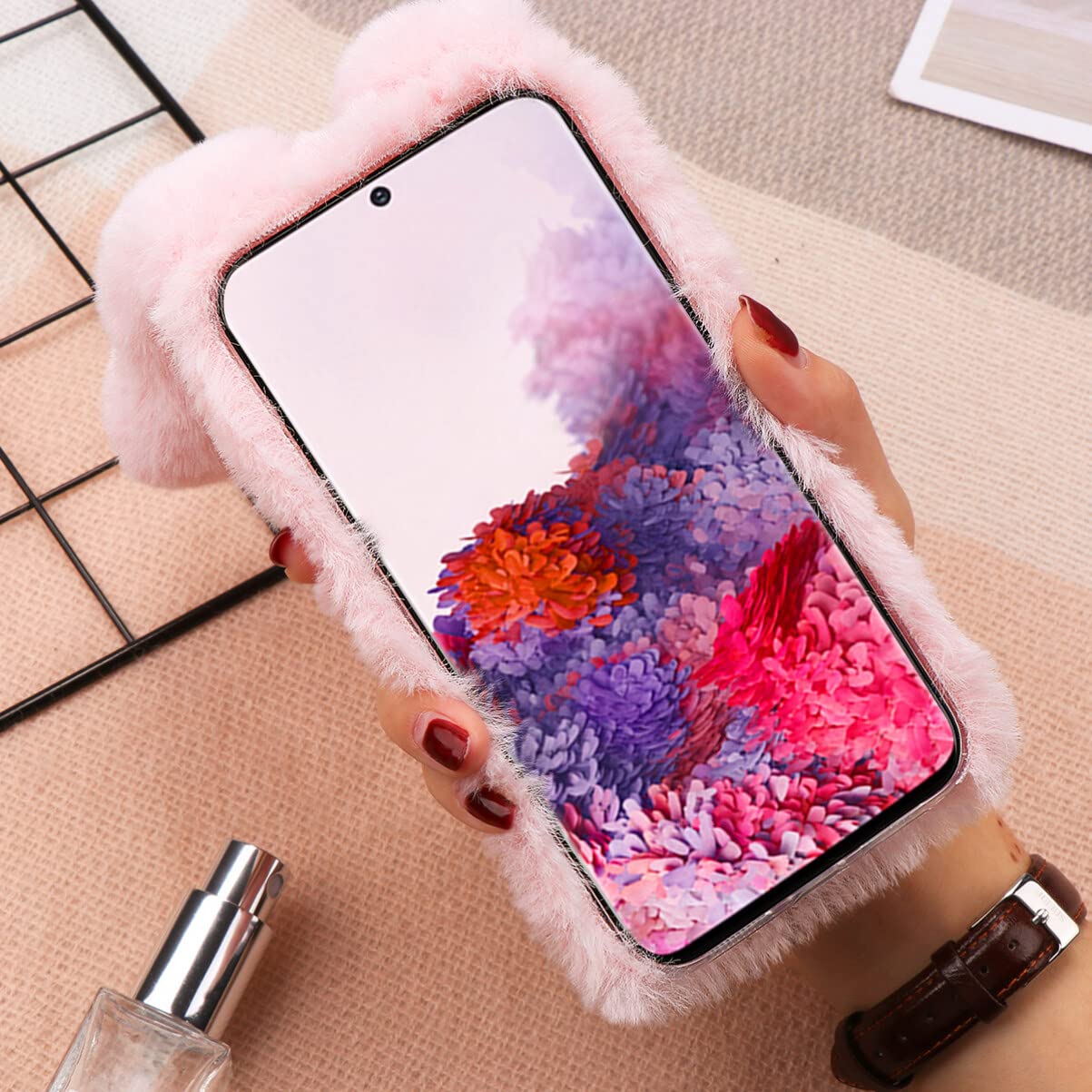 Cute Pink Plush Rabbit Glitter Phone Case for Samsung Galaxy S20 Ultra - Soft Warm Hand Protection Case, Shockproof & Anti-Slip - Perfect for Everyday Use, Travel & Gift Giving