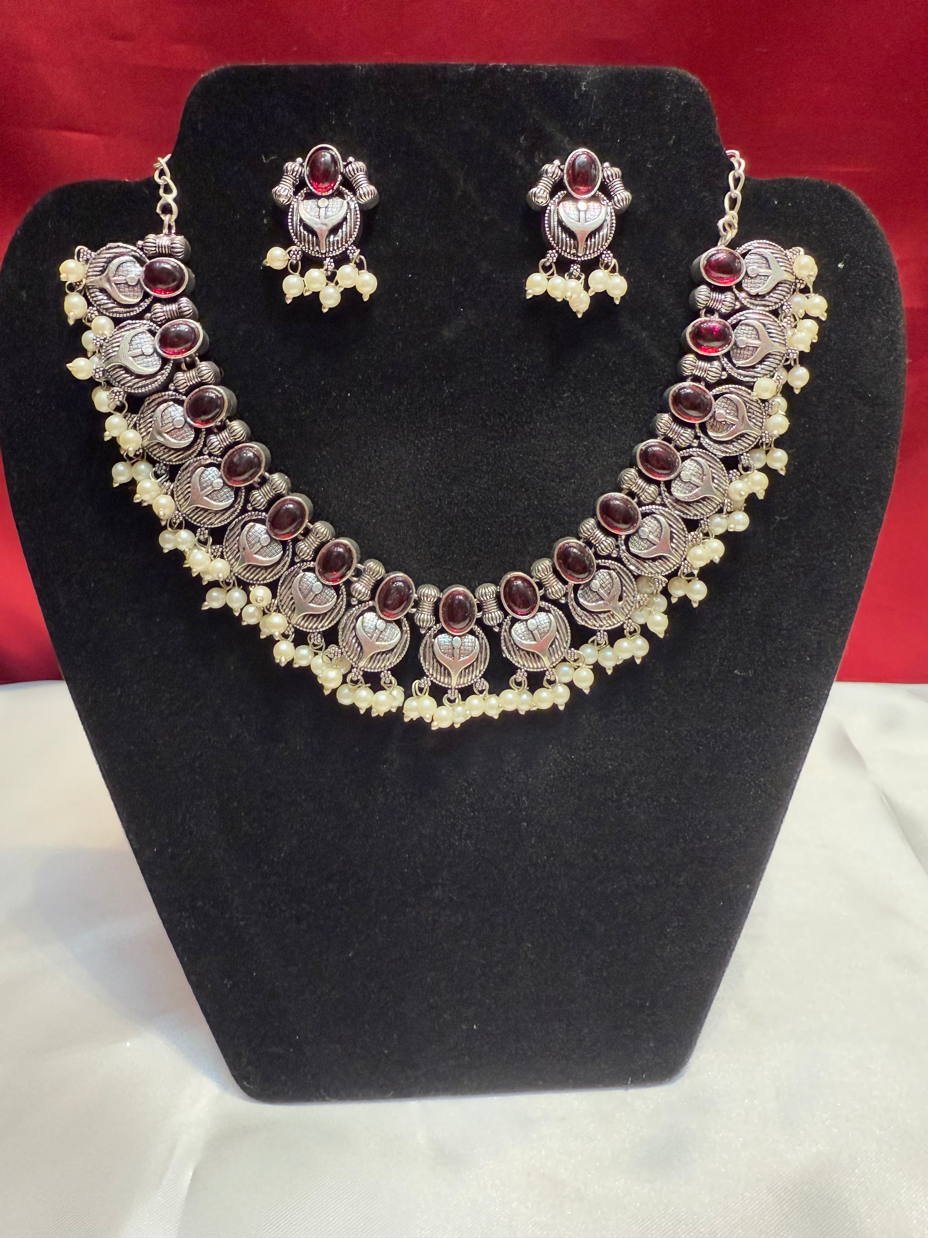 Elegant Oxidized Maroon Stone Beaded Necklace & Earrings Set | Handmade Bohemian Jewelry for Women | Perfect for Weddings, Parties & Everyday Wear