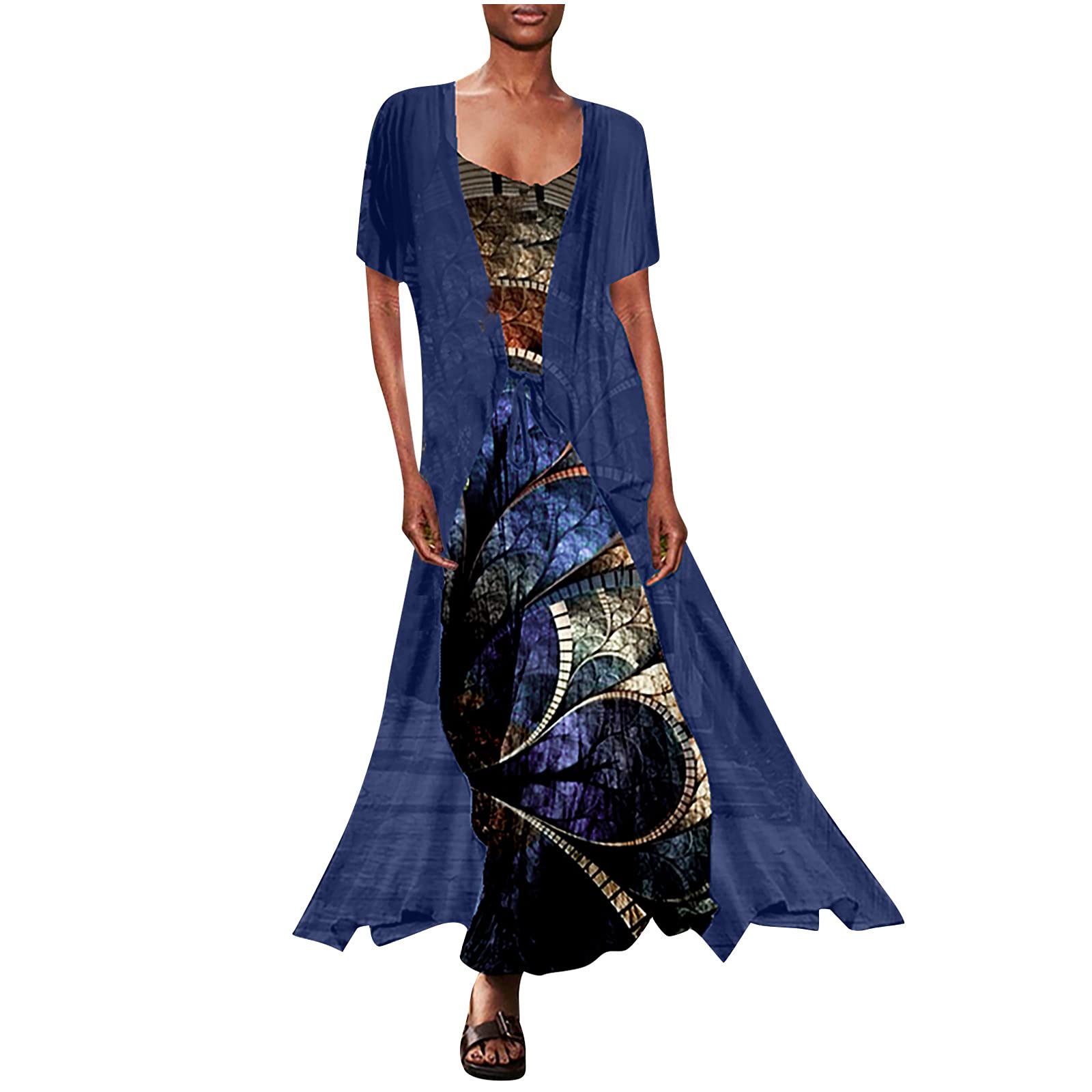 Boho Floral Printed Women's Sleeveless Maxi Dress 2-Piece Outfit with Cardigan | Summer Casual Long Flowy Dress for Beach Vacation, Outdoor Parties & Date Nights