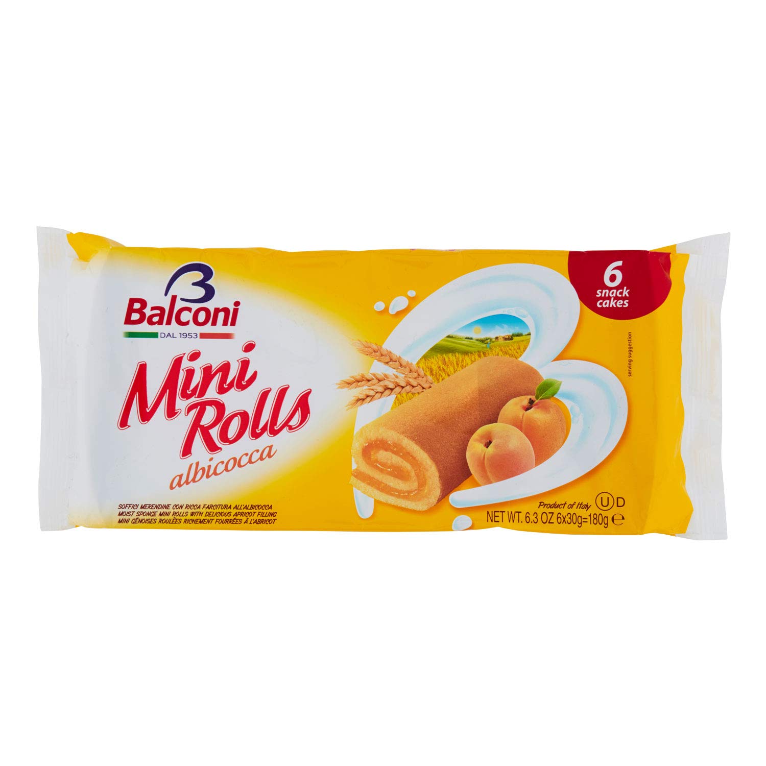 Balconi Mini Rolls Apricot - Delicious Italian Snack Cakes with Real Apricot Filling | Perfect for Breakfast, Snacks & Desserts | Imported from Italy