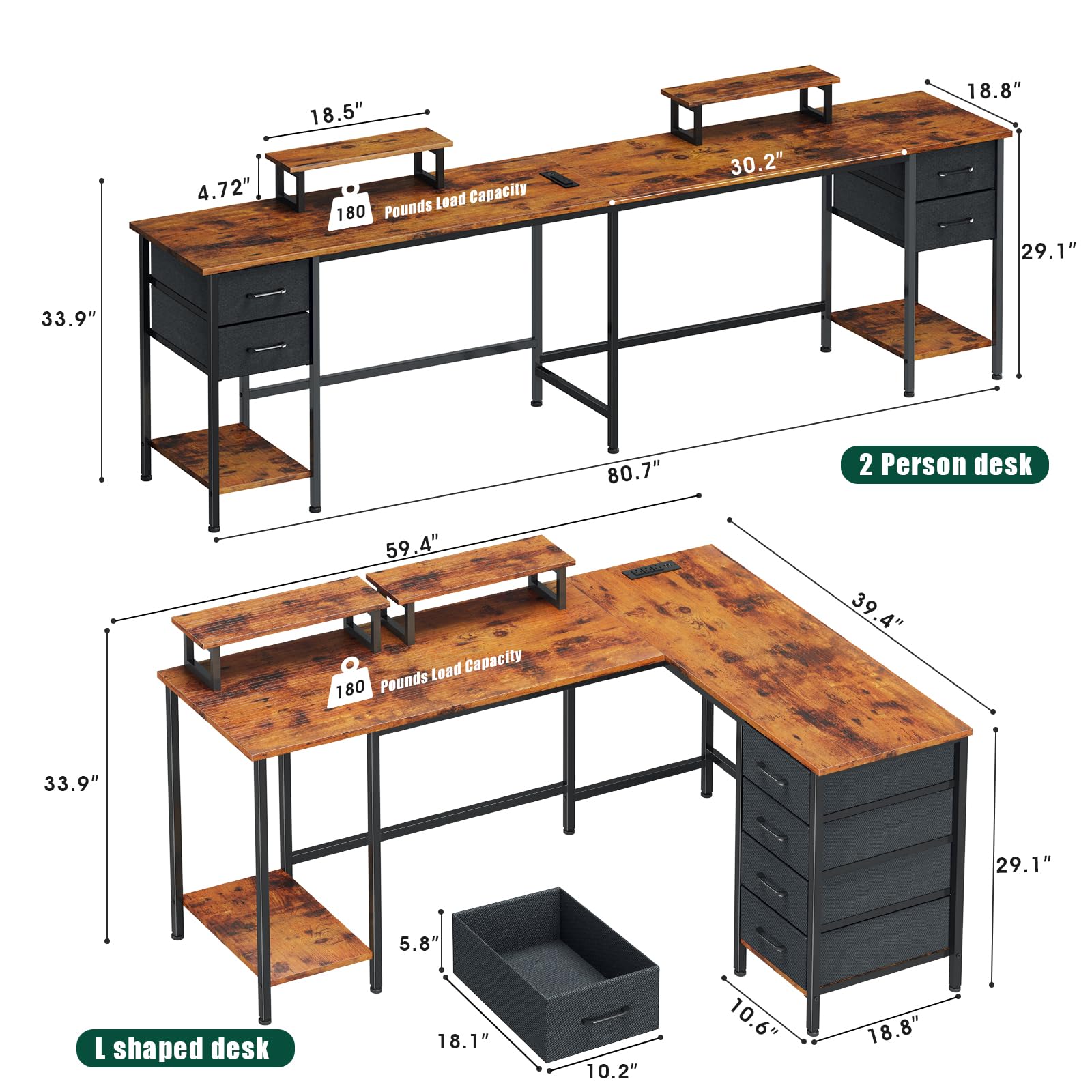 59 Inch L-Shaped Computer Desk with Power Outlets - Home Office Desk with 4 Adjustable Drawers & Dual Monitor Stands, Two-Person Gaming Desk for Bedroom, Rustic Brown - Perfect for Small Spaces & Multi-Monitor Setups