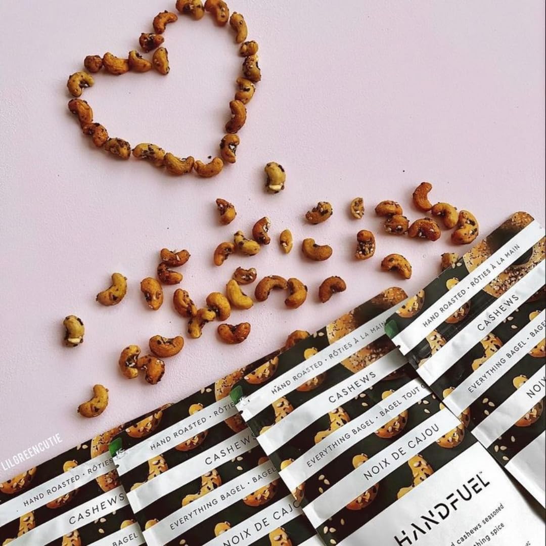 Handfuel Everything Bagel Cashews - Hand Roasted Salted Cashews with 7g Protein | Canadian Made Plant Based Flavored Nuts | 40g Per Pouch (12 Count) | Perfect for Snacking, Gifts & Healthy On-the-Go Lifestyle