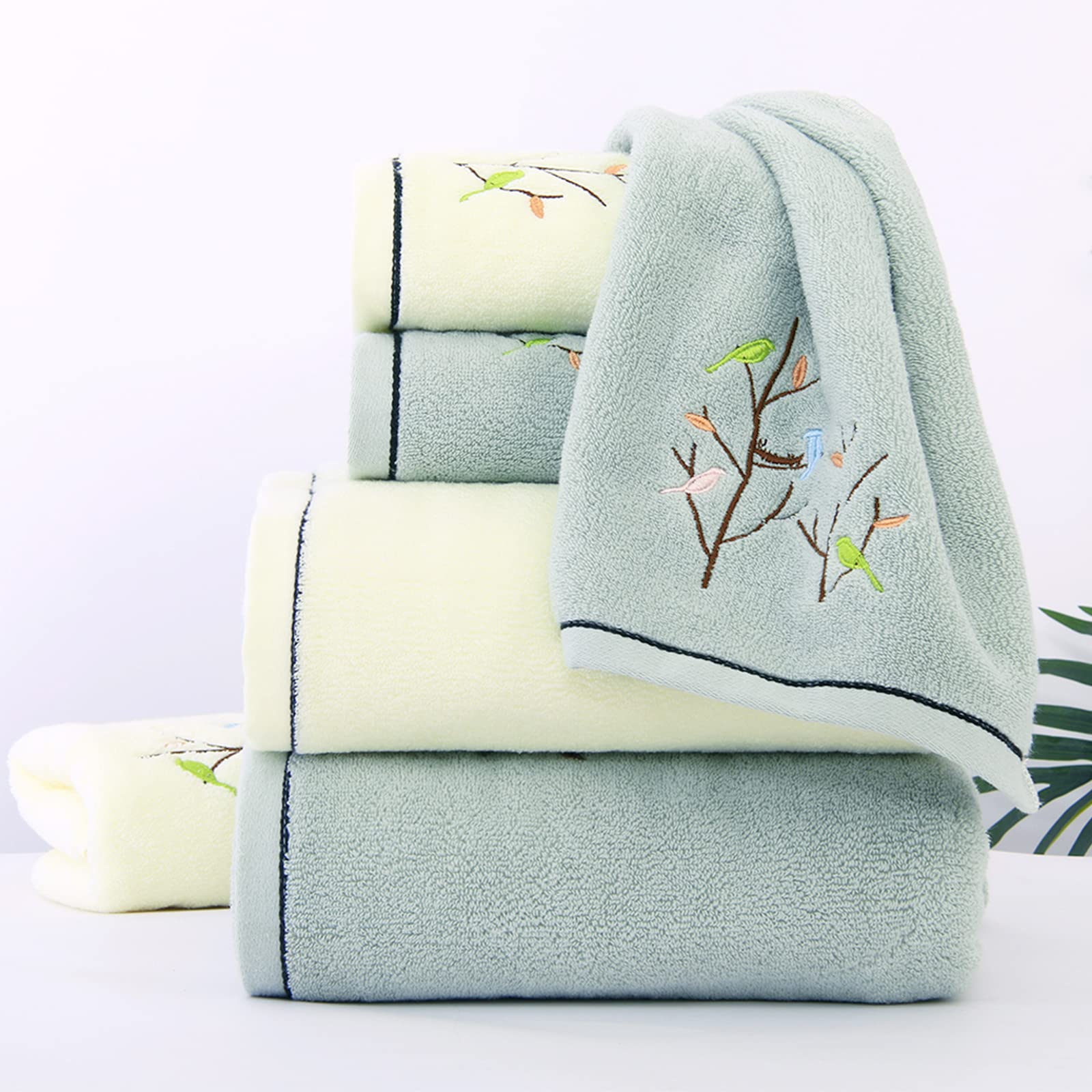 Premium 100% Cotton Embroidered Bird & Tree Bath Towel Set - Ultra Soft & Absorbent 27.6x55 Inch Decorative Bathroom Towels (Light Yellow) for Spa, Guest Bath & Luxury Home Decor