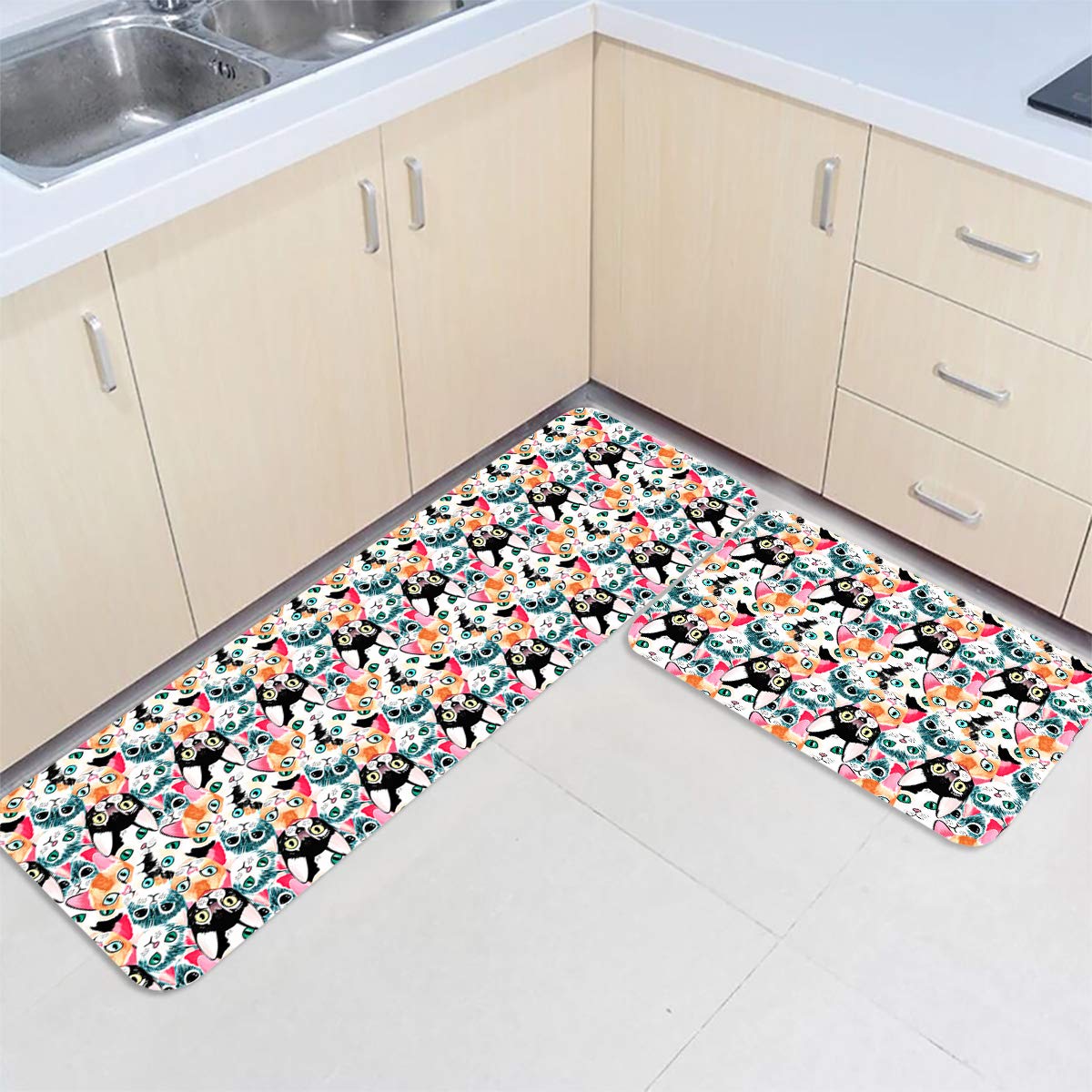 2-Piece Non-Slip Kitchen Mat Set with Funny Cat Design - Waterproof, Oil-Resistant Rubber Floor Mats for Kitchen & Bathroom - Machine Washable Comfort Standing Mats - Lovely Multicolor Cartoon Cats (Perfect for Home, Office, and Dorm Use)