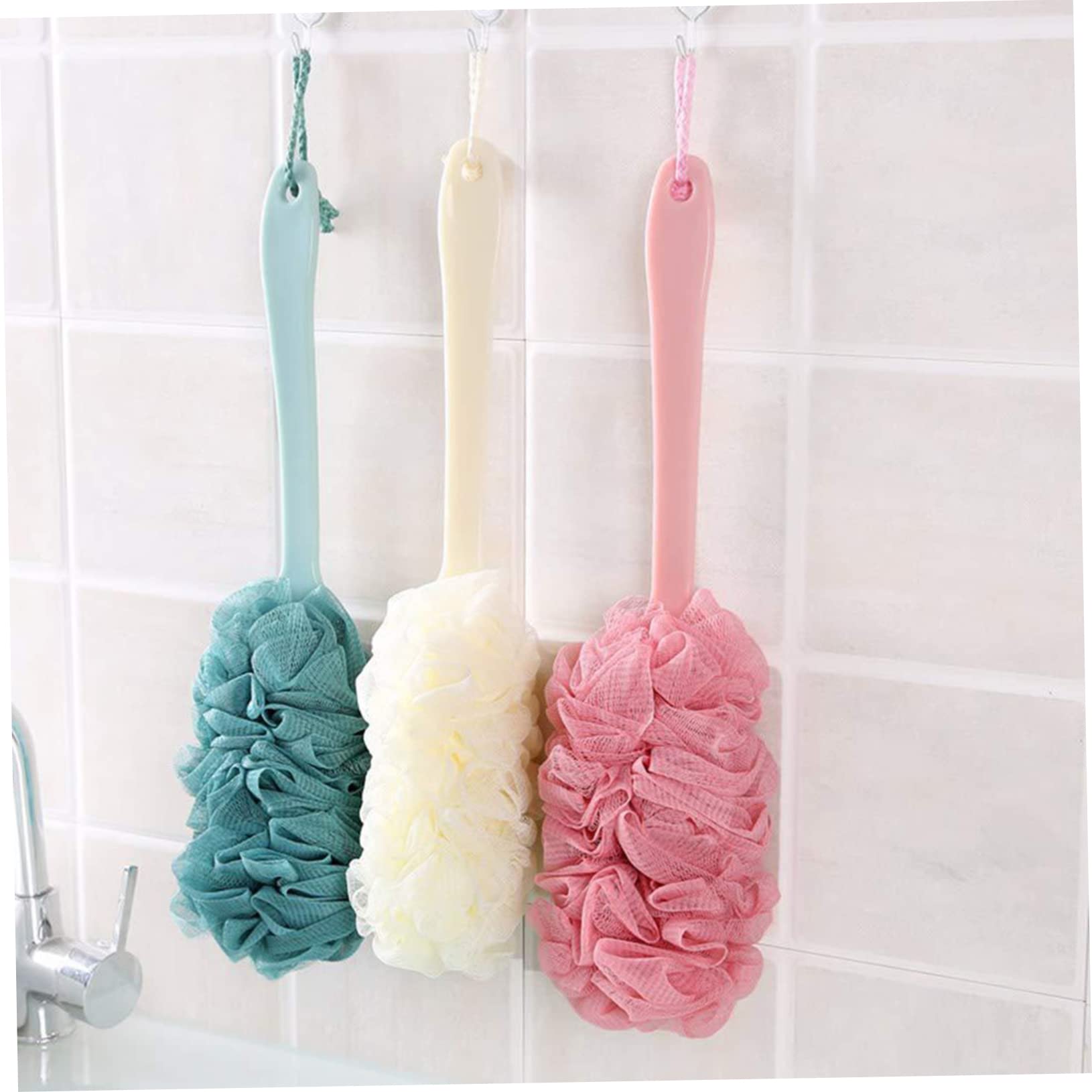 FOMIYES 4-Piece Long Handle Bath Brush Set - Exfoliating Body Scrubber with Soft Pink Bath Balls & Ergonomic Handle for Easy Back Cleaning - Perfect for Shower, Spa, and Deep Skin Exfoliation