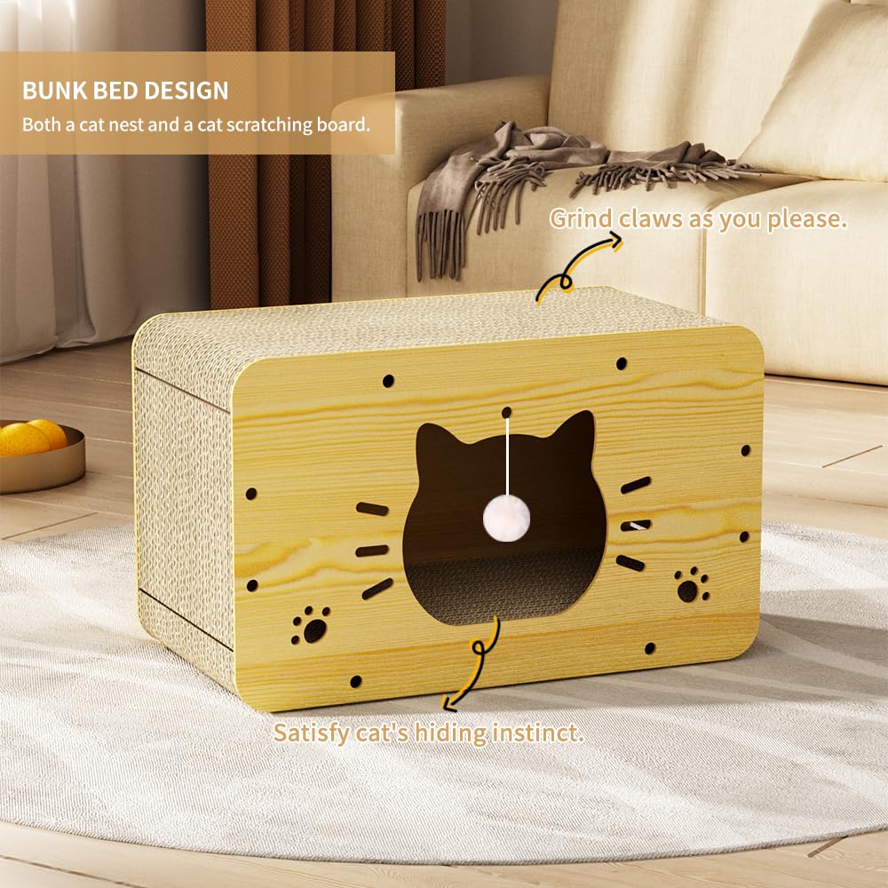 Premium Cat Scratcher House with Scratching Board & Hanging Ball Toy - Large Cardboard Cat Bed Cave for Resting & Play - Perfect for Indoor Cats, Multi-Level Scratching & Cozy Napping Spaces - Ideal for Living Rooms, Bedrooms & Cat Play Areas